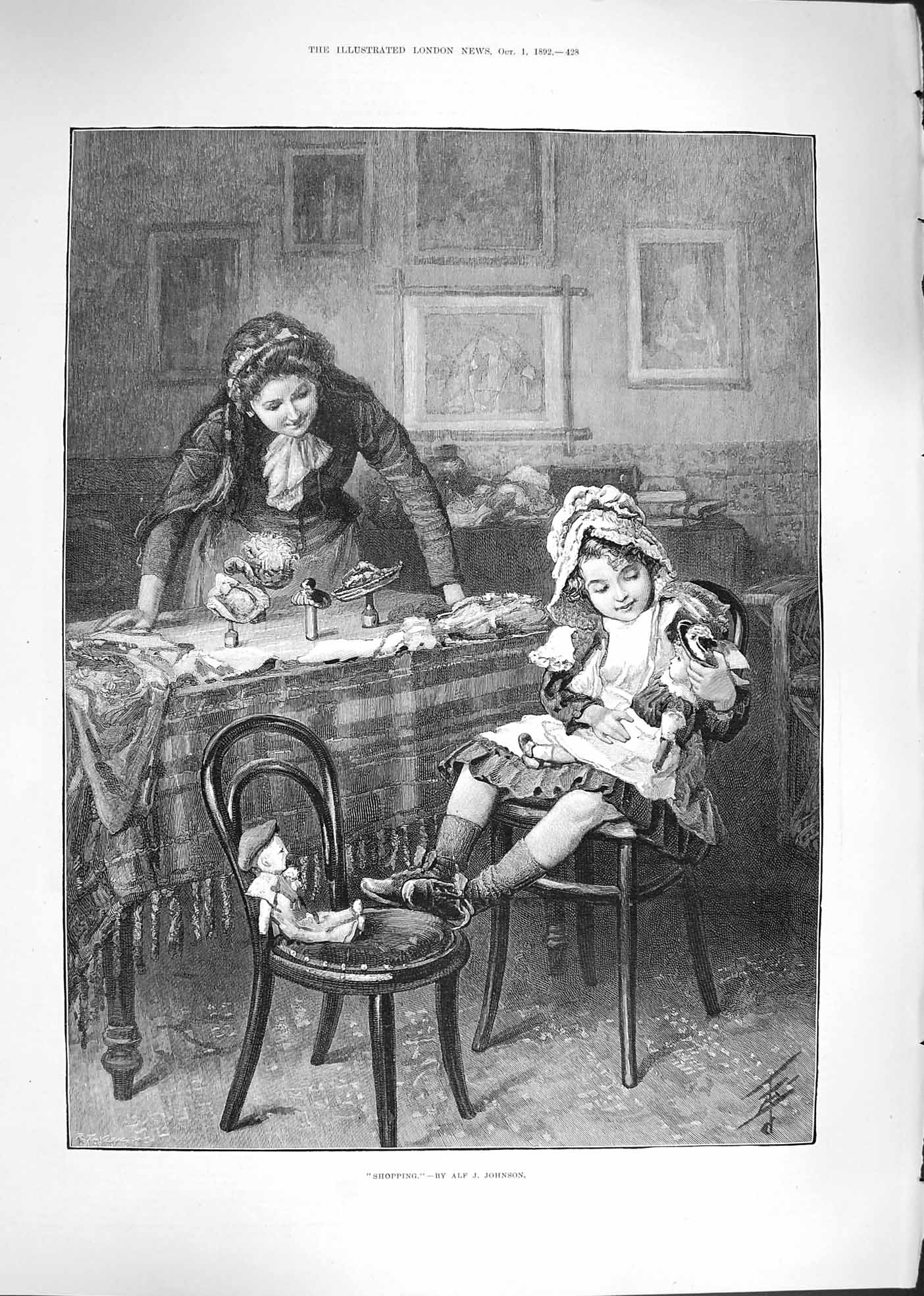 Original Old Antique Print Johnson Fine Art 1892 Shopping Little Gir Victorian