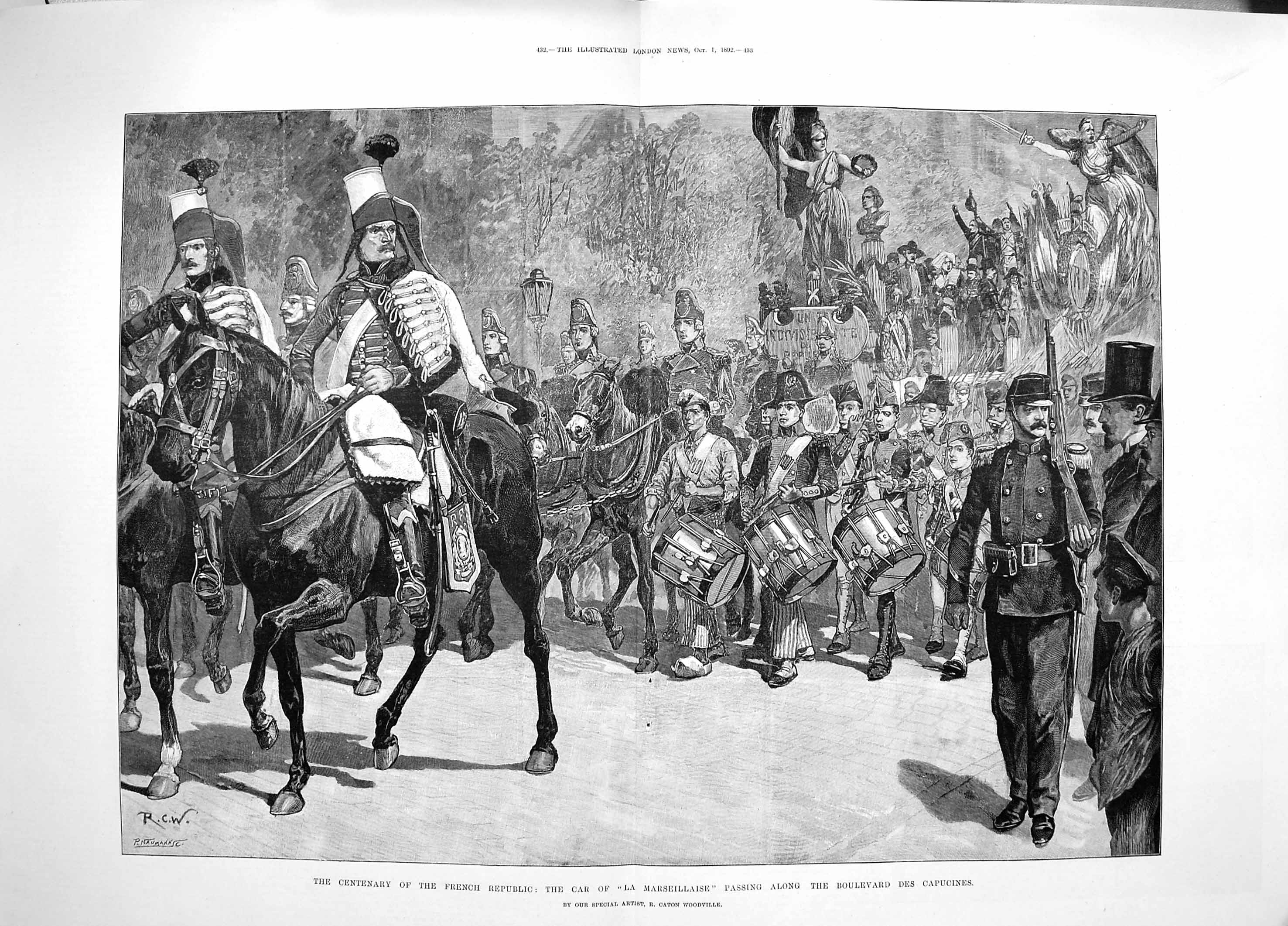 Old Antique Print 1892 Car Marseillaise Boulevard Capucines French Band 19th