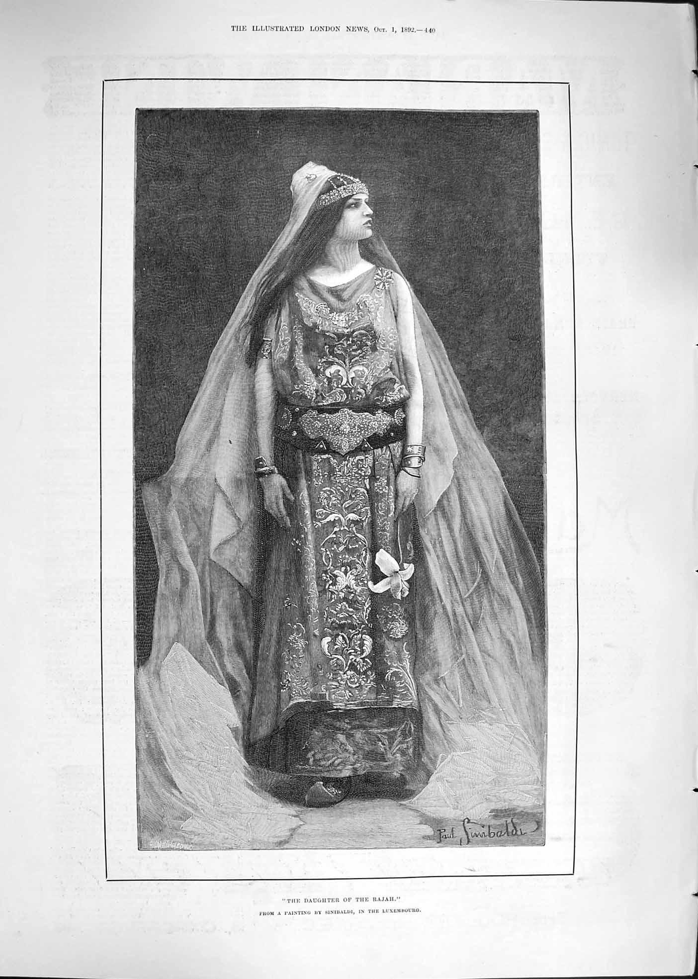 Original Old Antique Print Sinibaldi 1892 Portrait Beautiful Daughter Rajah
