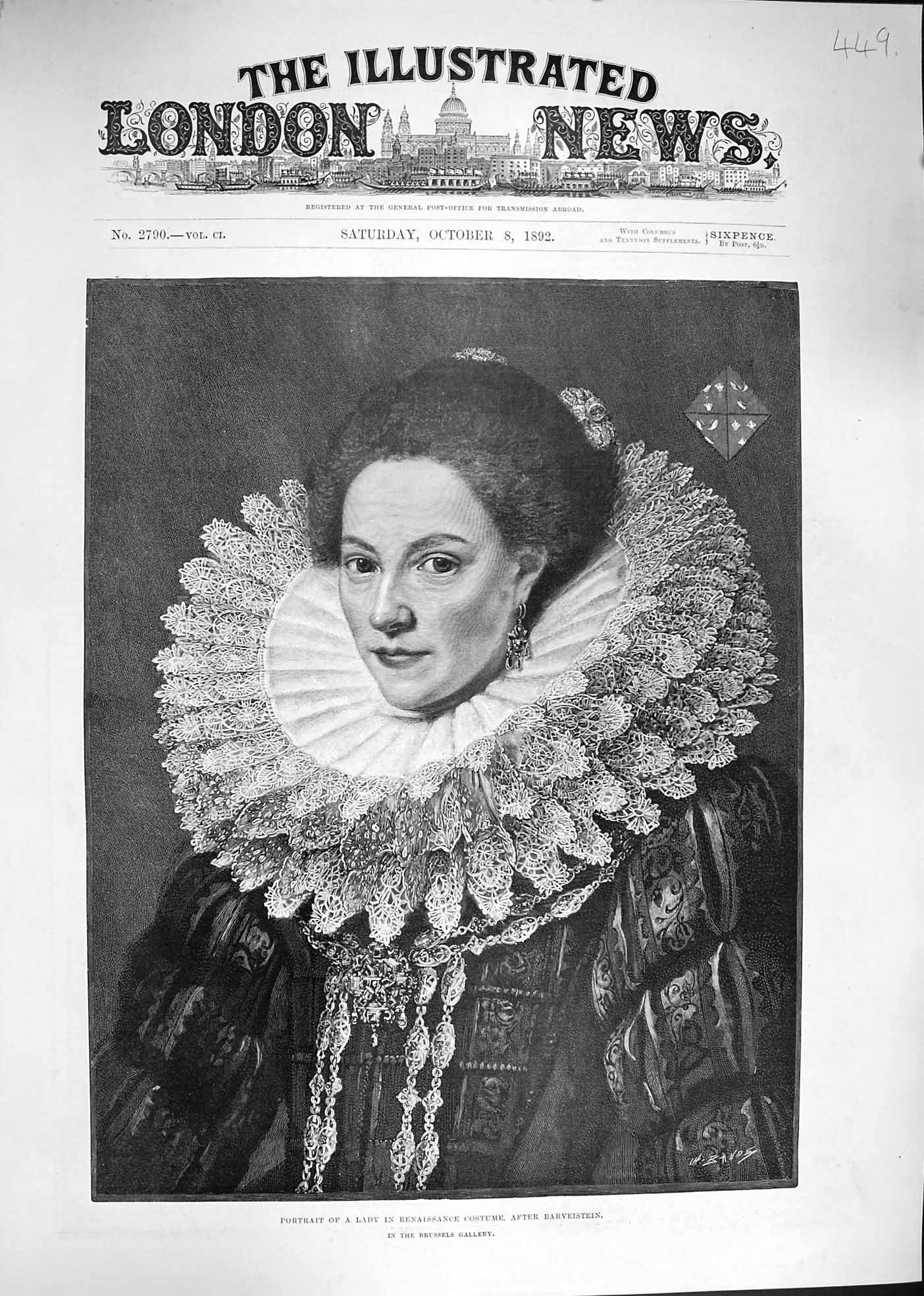 Original Old Antique Print 1892 Portrait Lady Renaissance Costume Barveistein