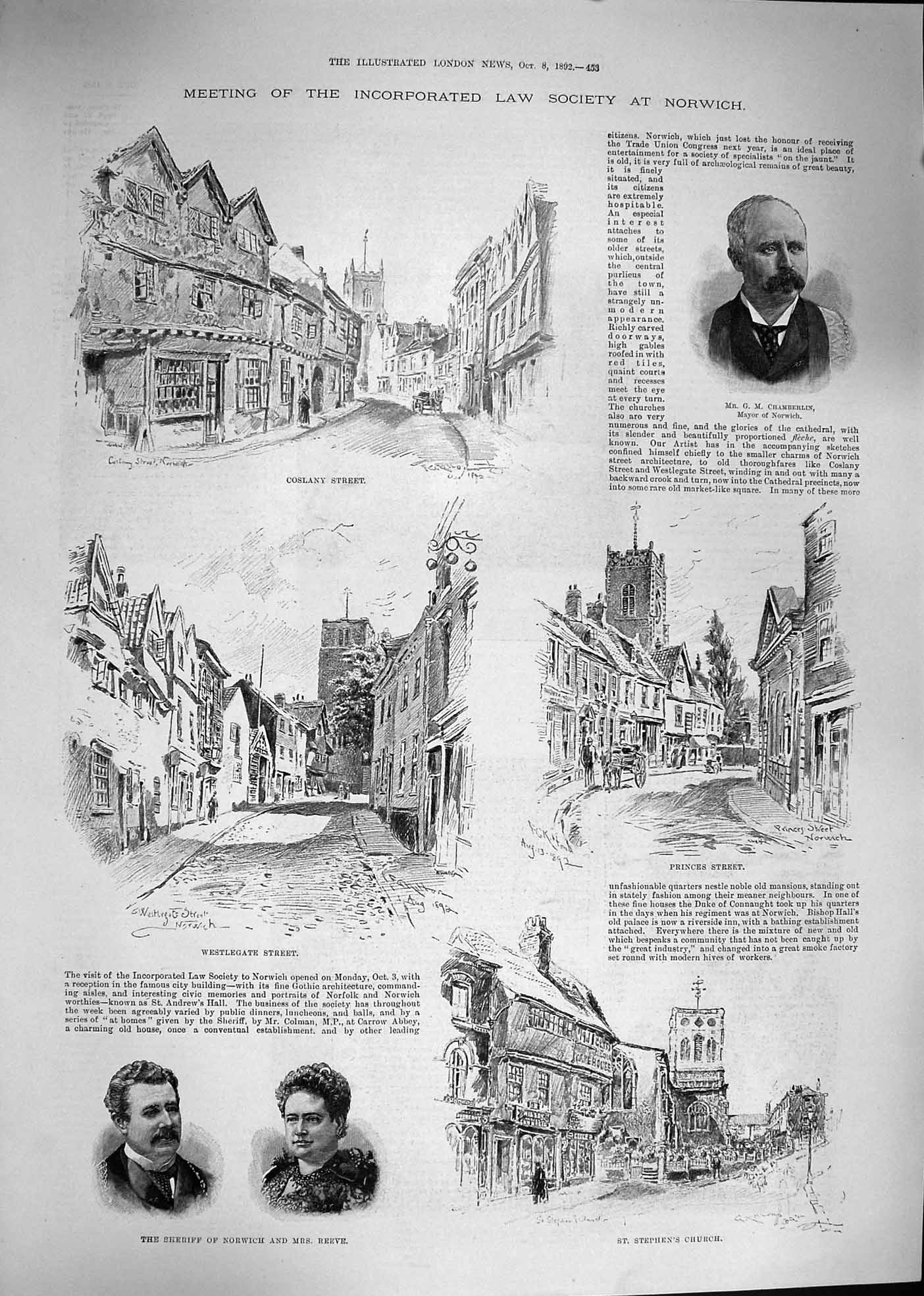 Original Old Antique Print 1892 Law Society Norwich Coslany Chamberlin Victorian