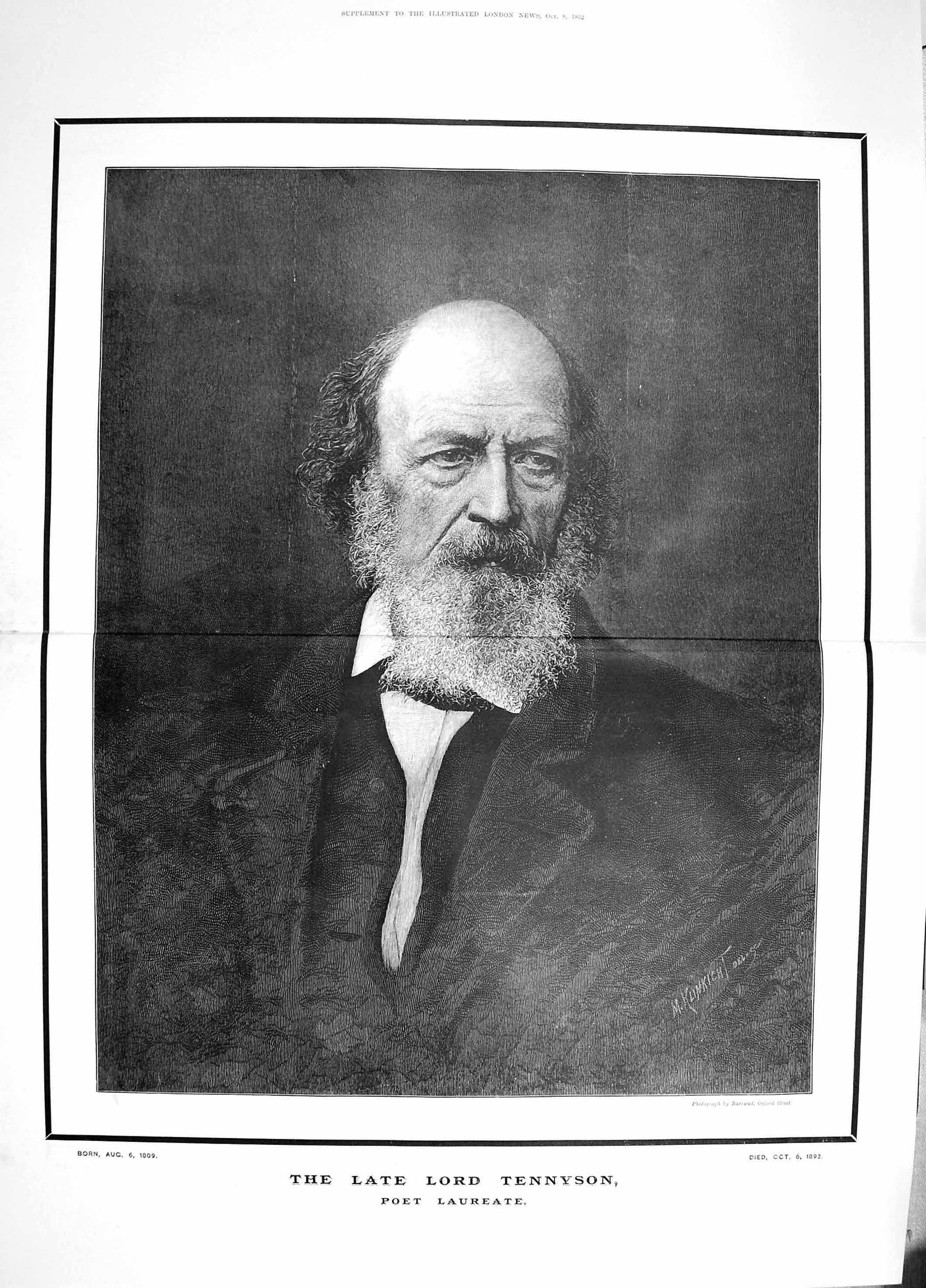 Original Old Antique Print 1892 Portrait Lord Tennyson Poet LaureateVictorian