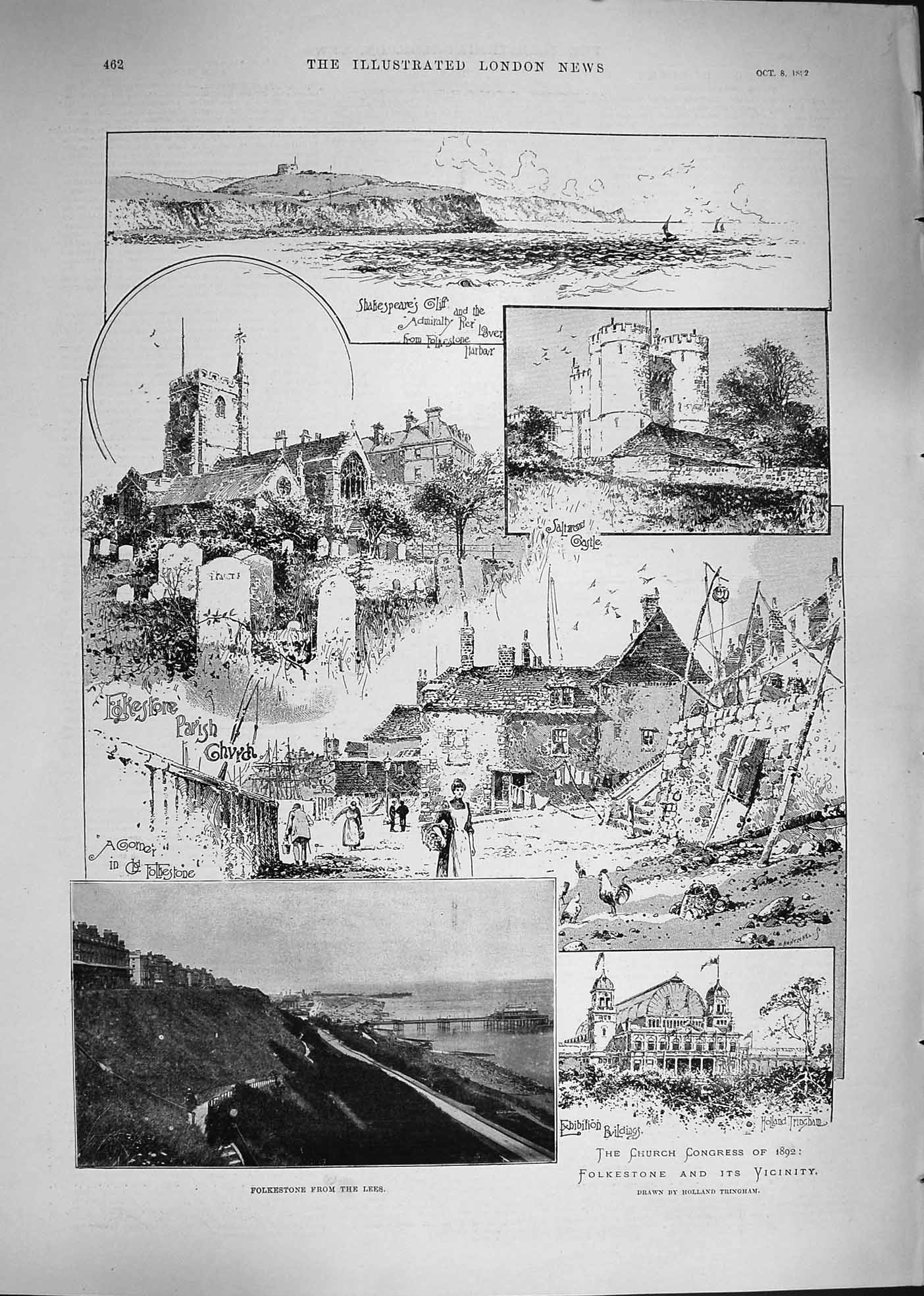 Old Antique Print 1892 Shakespeare Cliff Folkestone Church Emery Jessopp 19th
