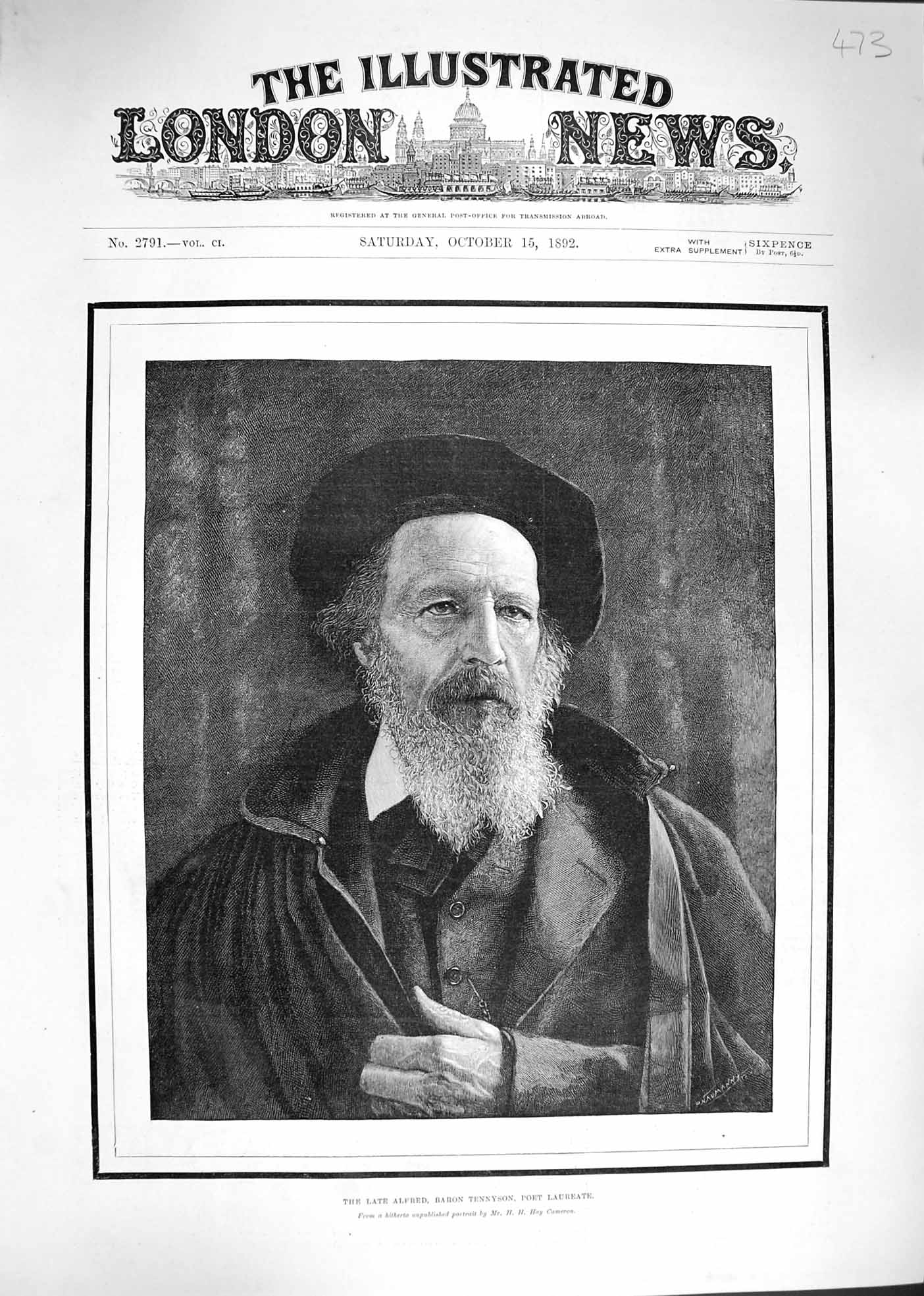 Old Antique Print 1892 Portrait Late Alfred Baron Tennyson Poet Laureate 19th