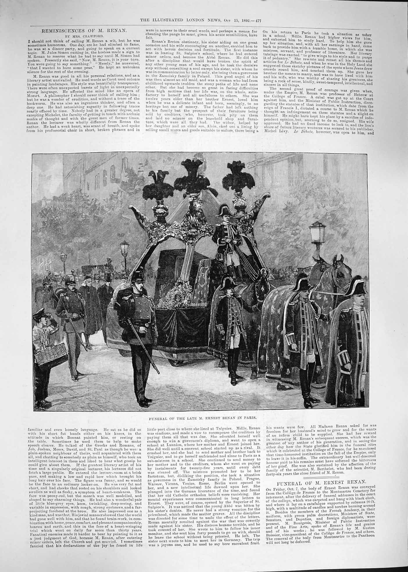 Old Antique Print 1892 Funeral Procession Late Ernest Benan Paris France 19th
