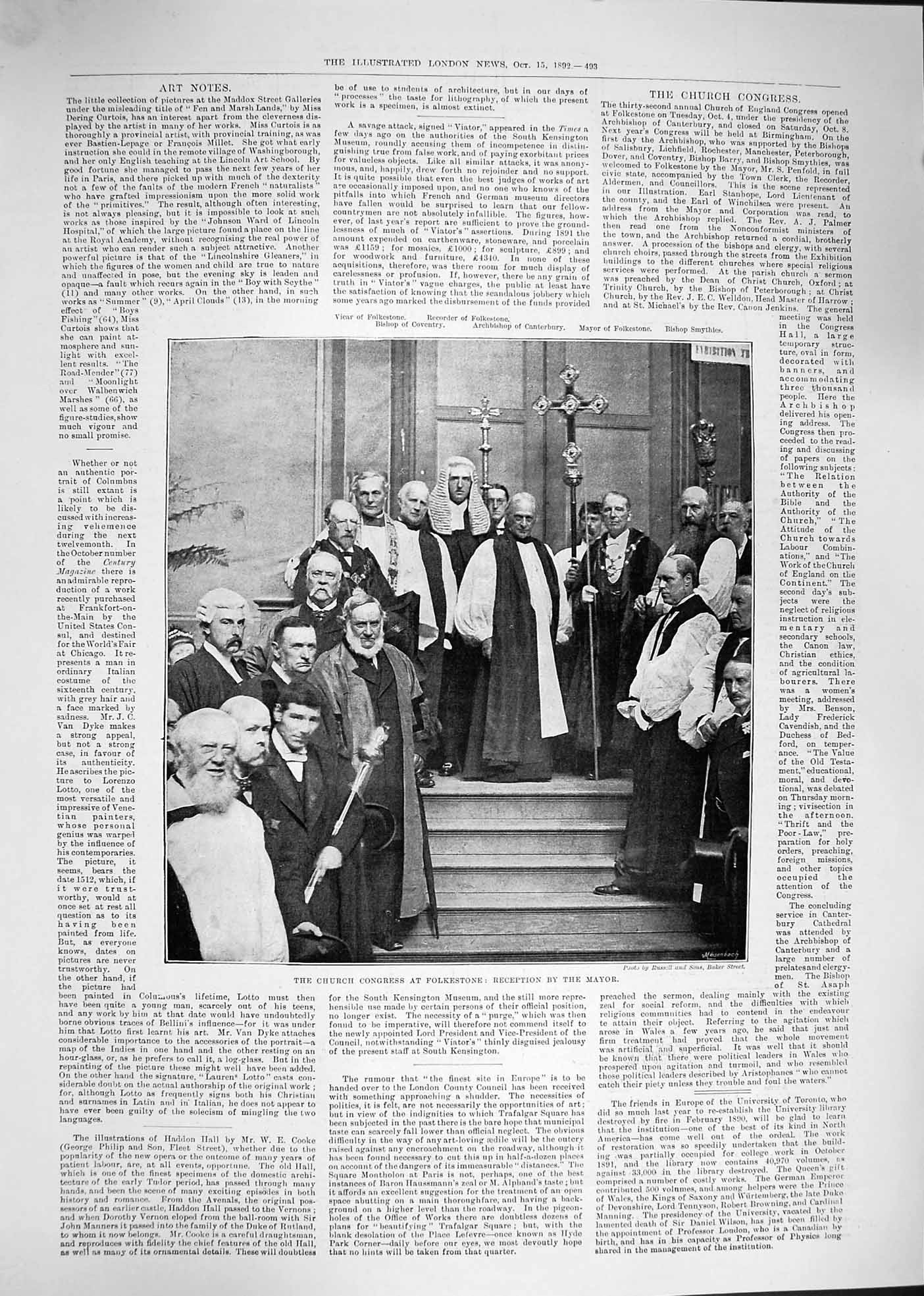 Original Old Antique Print 1892 Church Congress Folkestone Mayor Canterbury