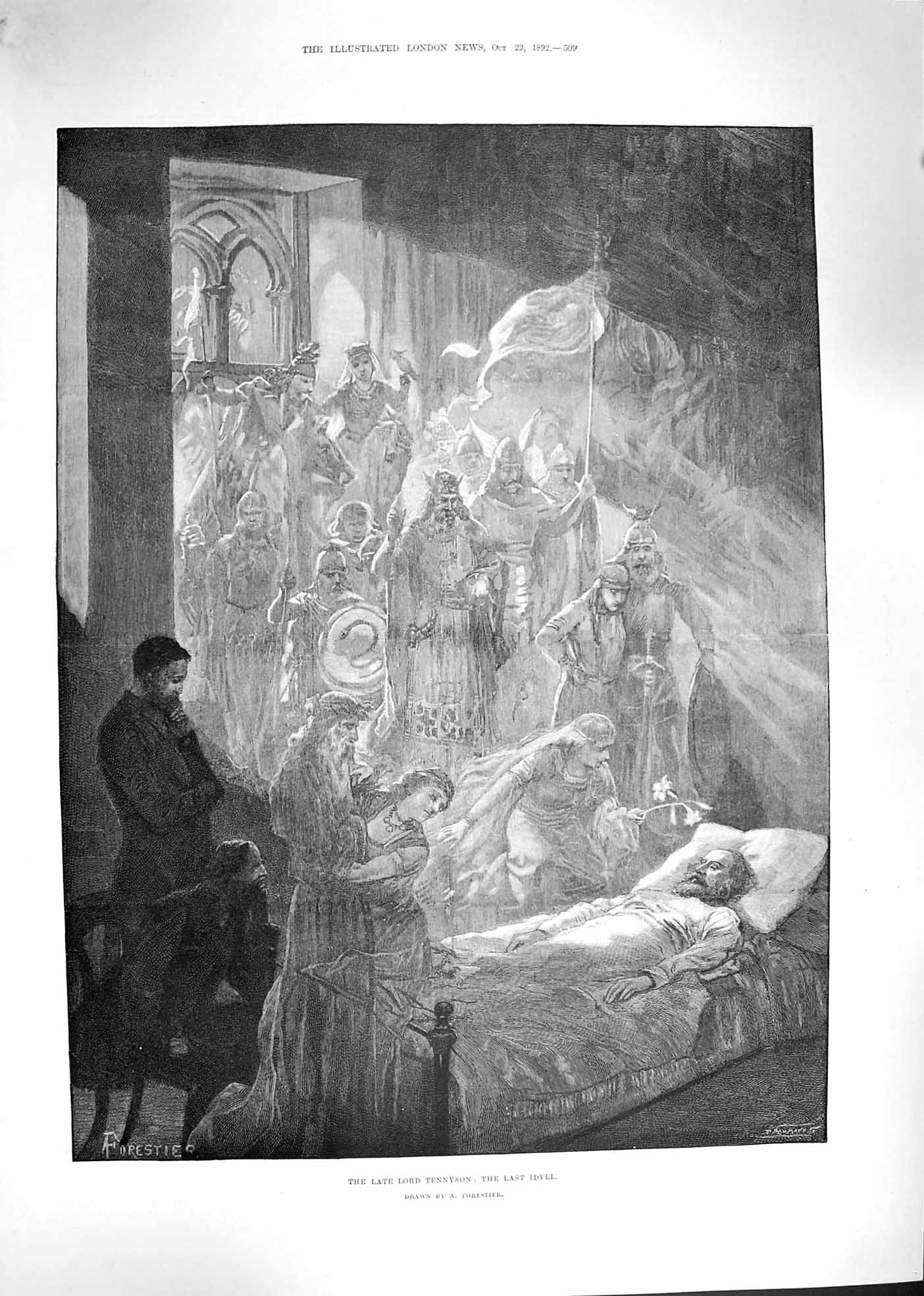 Old Antique Print Forestier 1892 Lord Tennyson Last Idyll Man Death Bed 19th