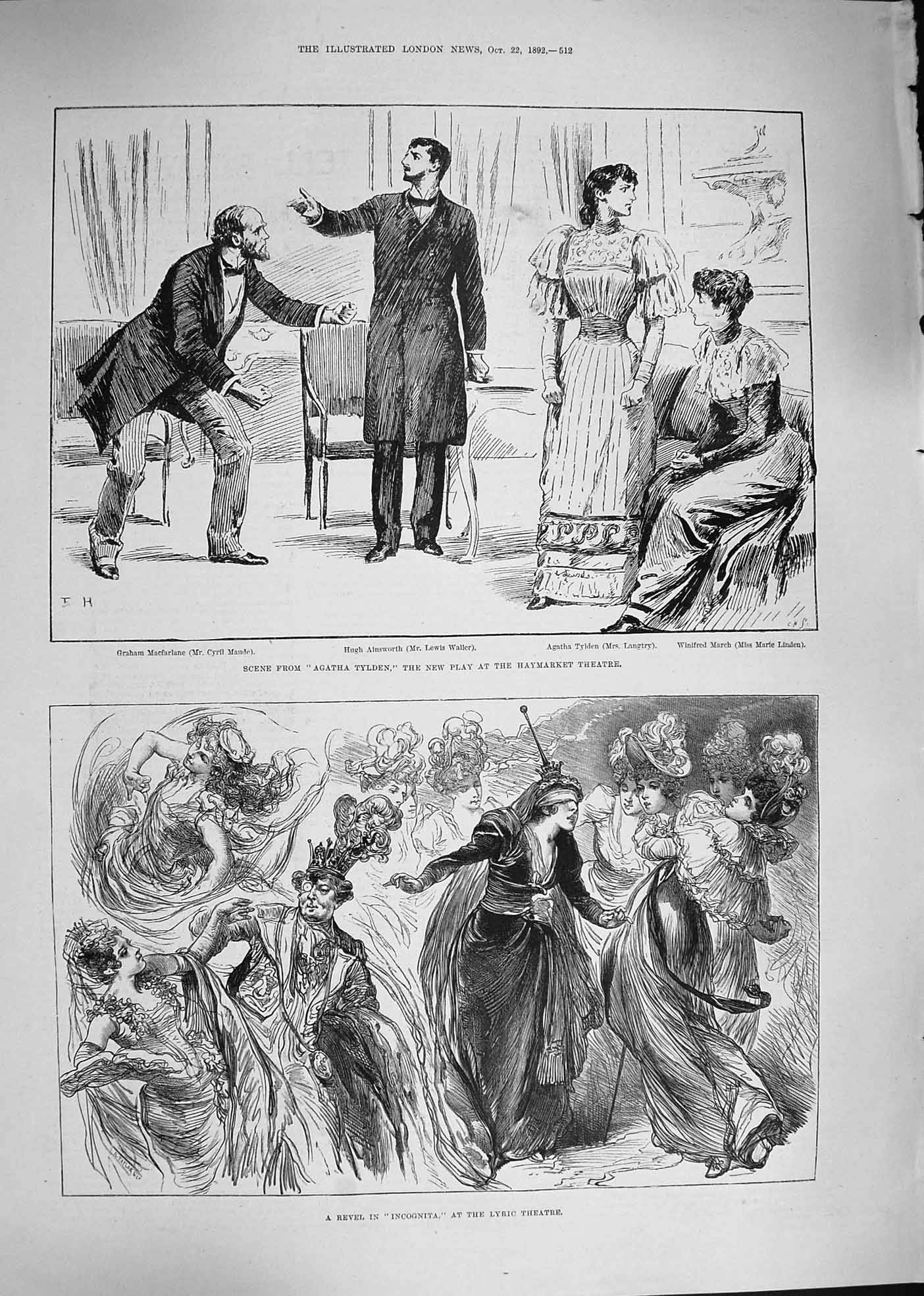 Antique Old Print *3854 1892 Agatha Tylden Haymarket Theatre Incognita Lyric