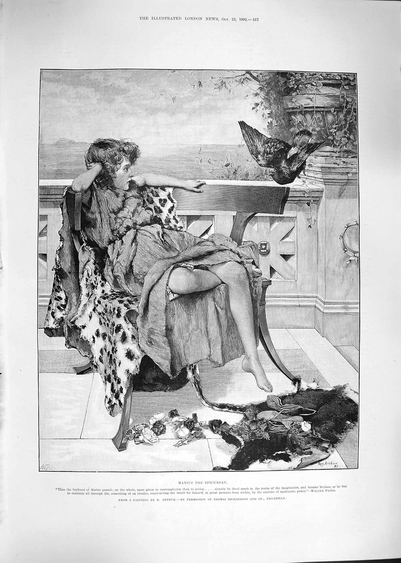 Original Old Antique Print Arthur 1892 Marius Epicurean Young Girl Bird 19th