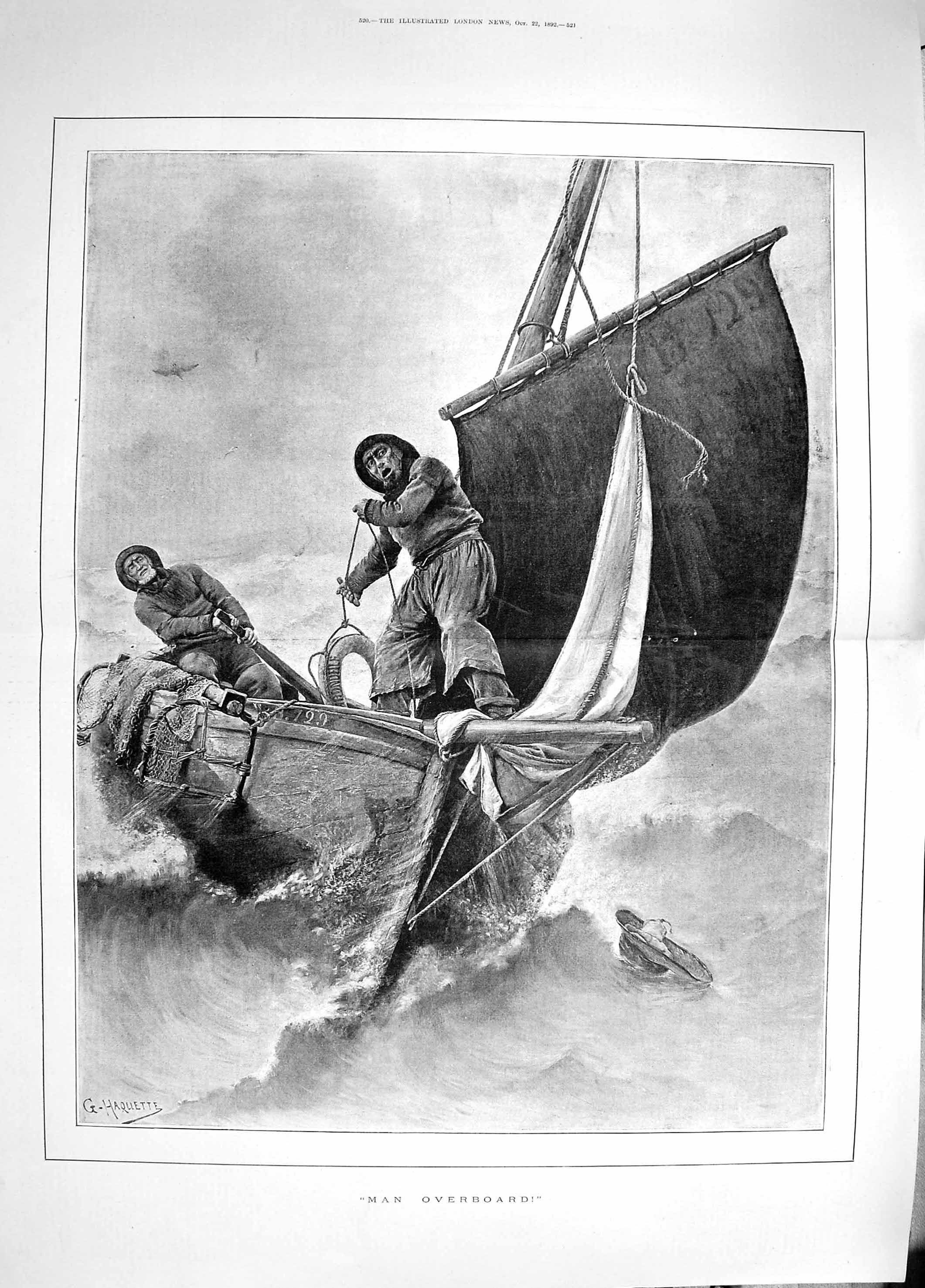 Original Old Antique Print 1892 Man Overboard Fishing Boat Stormy Sea Rescue