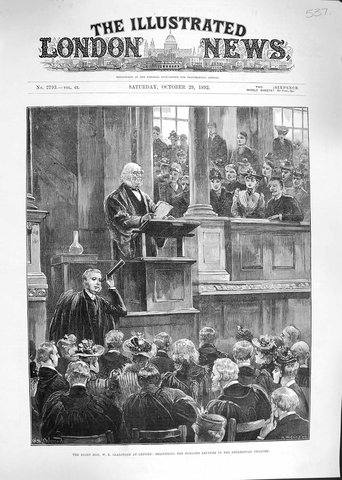 Original Old Antique Print 1892 Gladstone Oxford Romanes Sheldonian Theatre