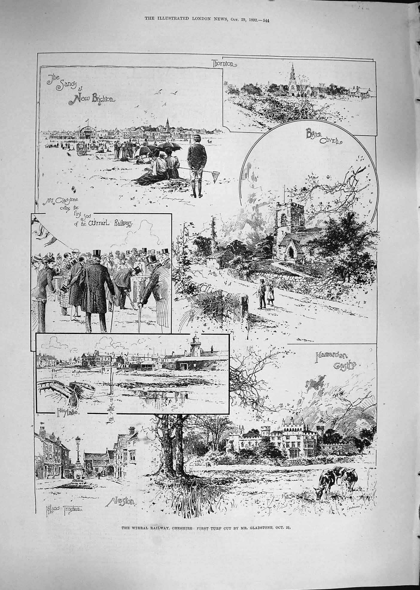 Original Old Antique Print 1892 Wirral Railway Cheshire Gladstone Church H 19th
