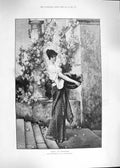 Original Old Antique Print 1892 Autumn Scene Beuatiful Lady Gathering Leaves
