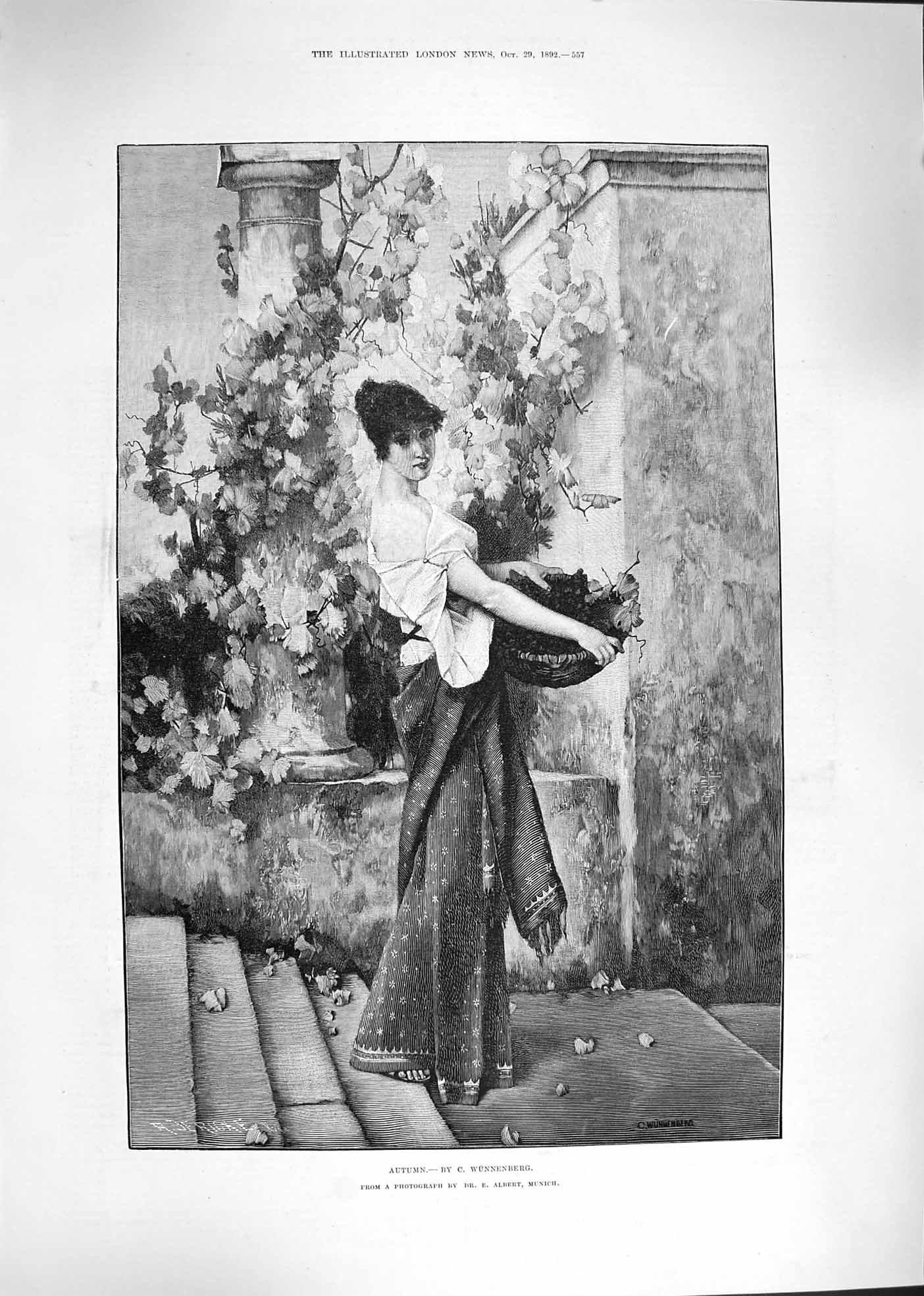 Original Old Antique Print 1892 Autumn Scene Beuatiful Lady Gathering Leaves