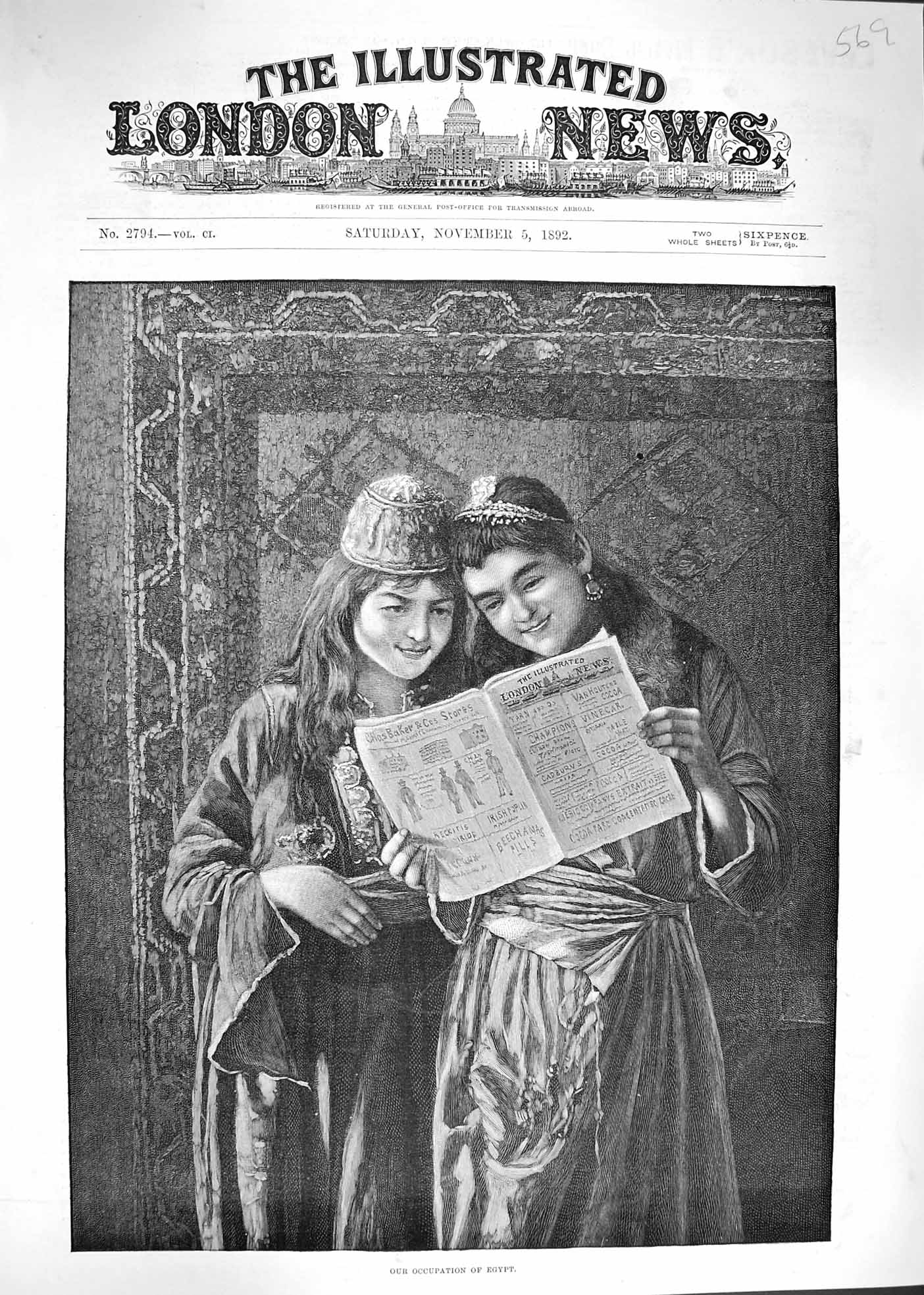 Original Old Antique Print 1892 Girls Reading Illustrated London News Wa 19th