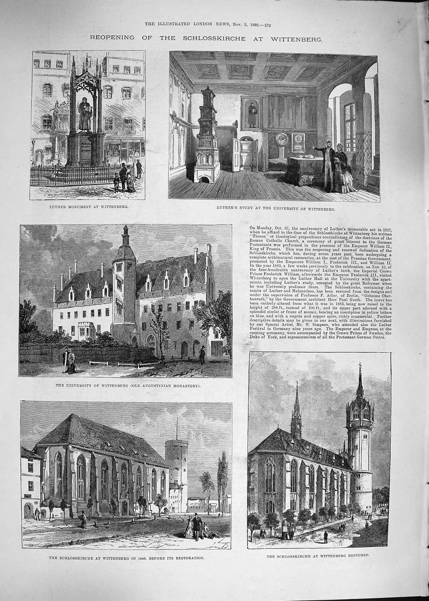 Original Old Antique Print 1892 Schlosskirche Wittenberg Luther University 19th