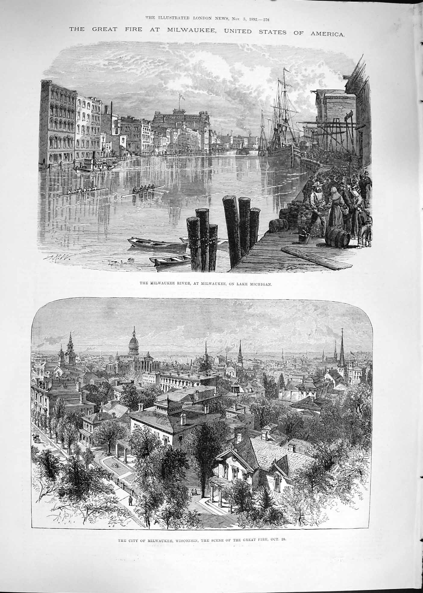 Original Old Antique Print 1892 Fire Milwaukee America Wisconsin Lake Michigan