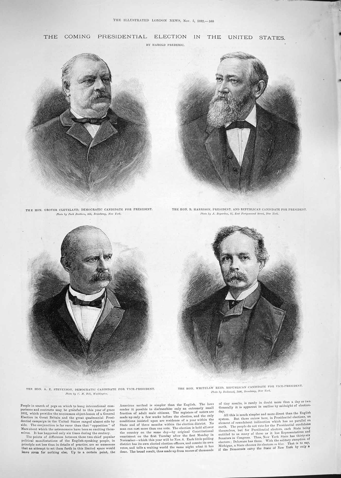 Old Antique Print 1892 America Election Stevenson Reid Harrison Cleveland 19th