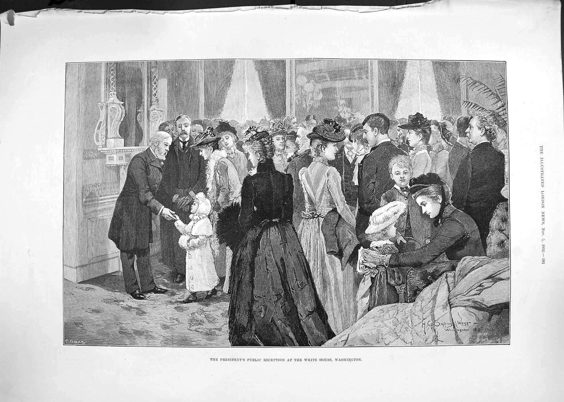 Old Antique Print 1892 Presidents Public Reception White House Washington 19th