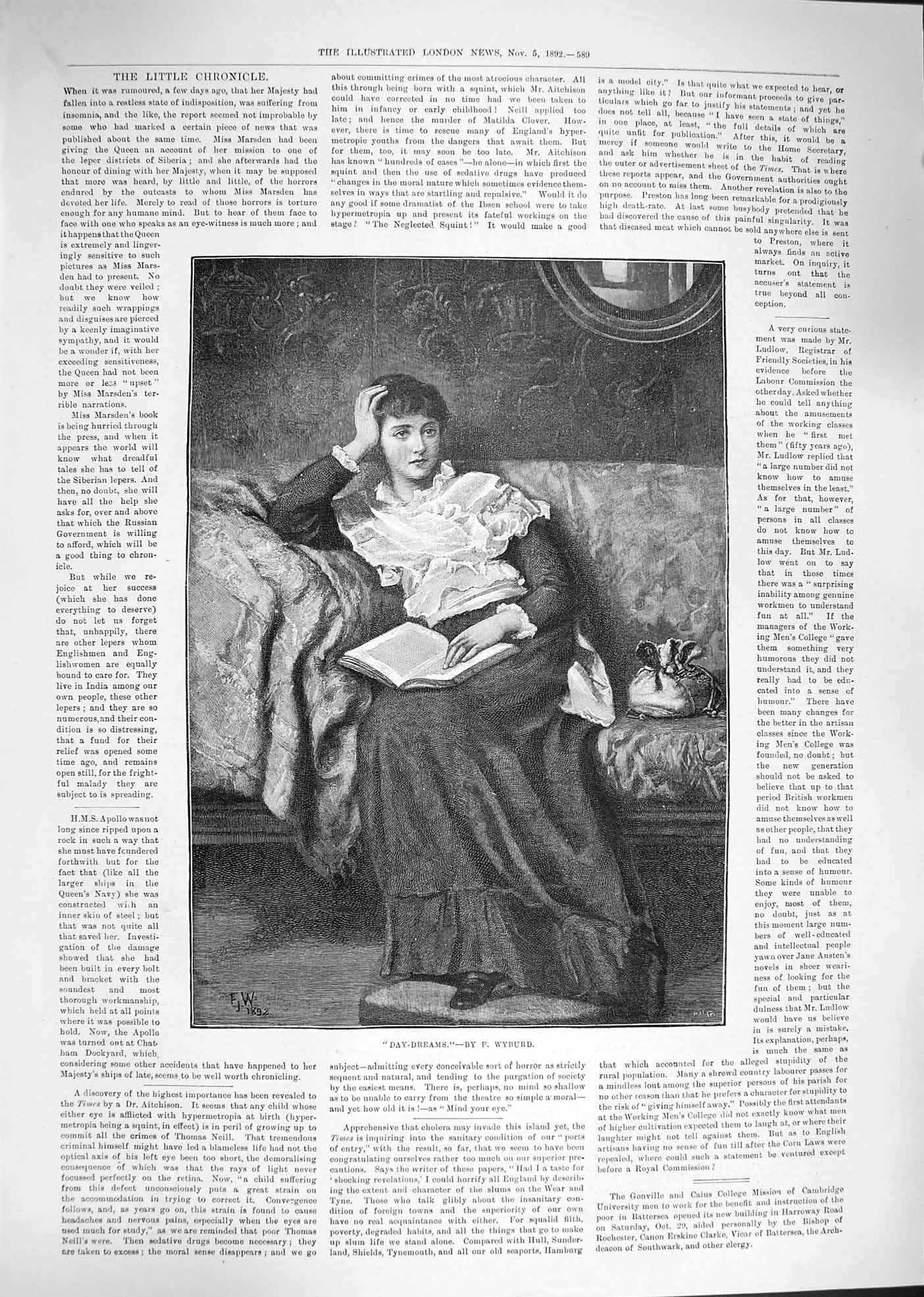 Original Old Antique Print 1892 Portrait Girl Reading Book Day-Dreams Victorian