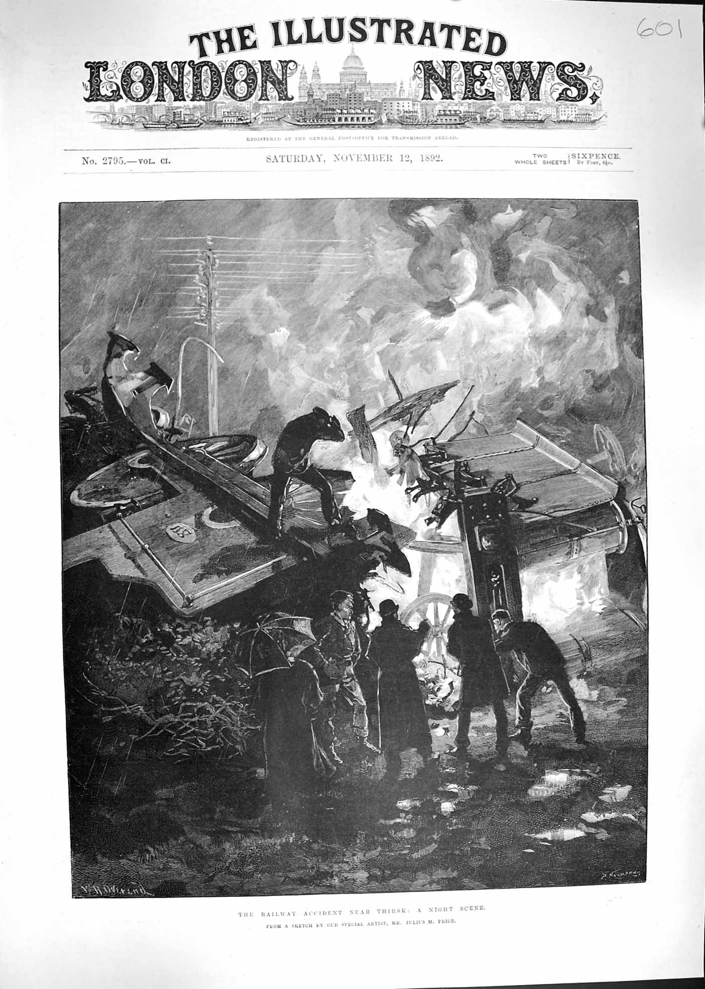 Original Old Antique Print Julius Price 1892 Railway Accident Thirsk Trai 19th