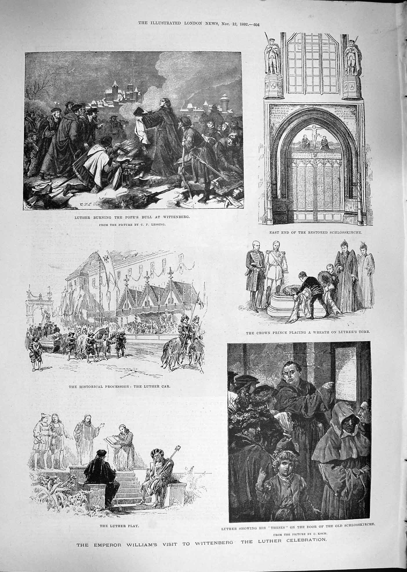 Original Old Antique Print 1892 Luther Wittenberg Schlosskirche De Lussan Maria