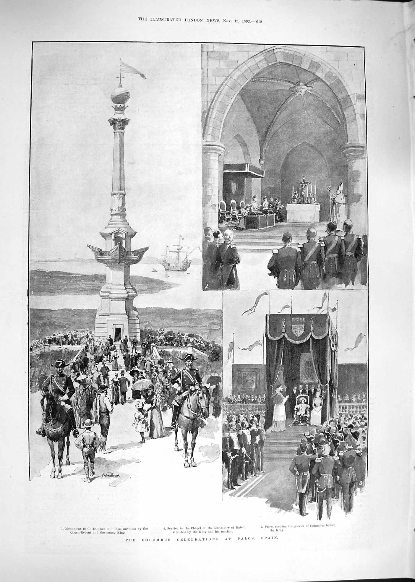 Old Antique Print 1892 Columbus Celebration Palos Spain Monastery Rabat 19th
