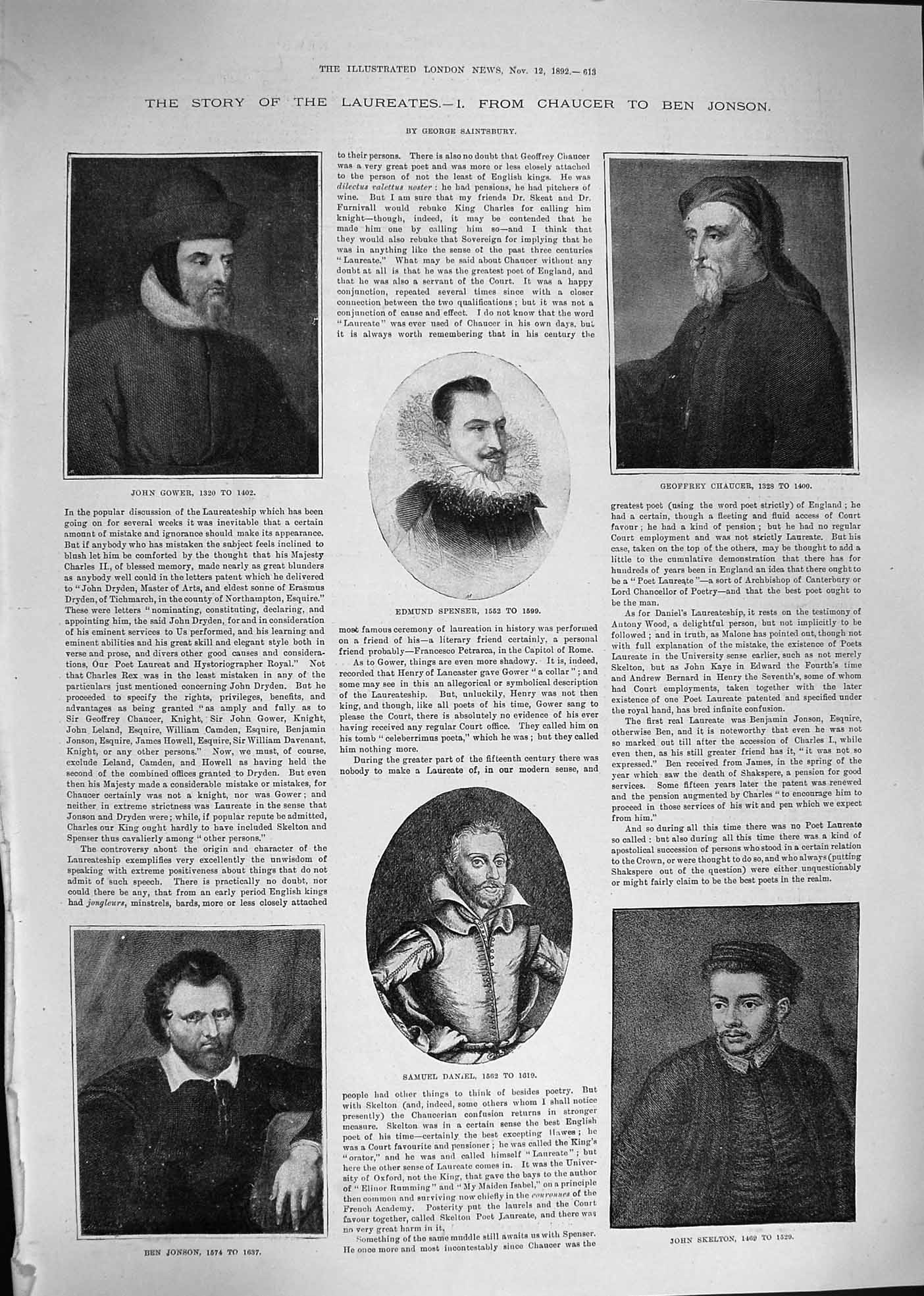 Old Antique Print 1892 John Gower Chaucer Spenser Daniel Skelton Jonson 19th