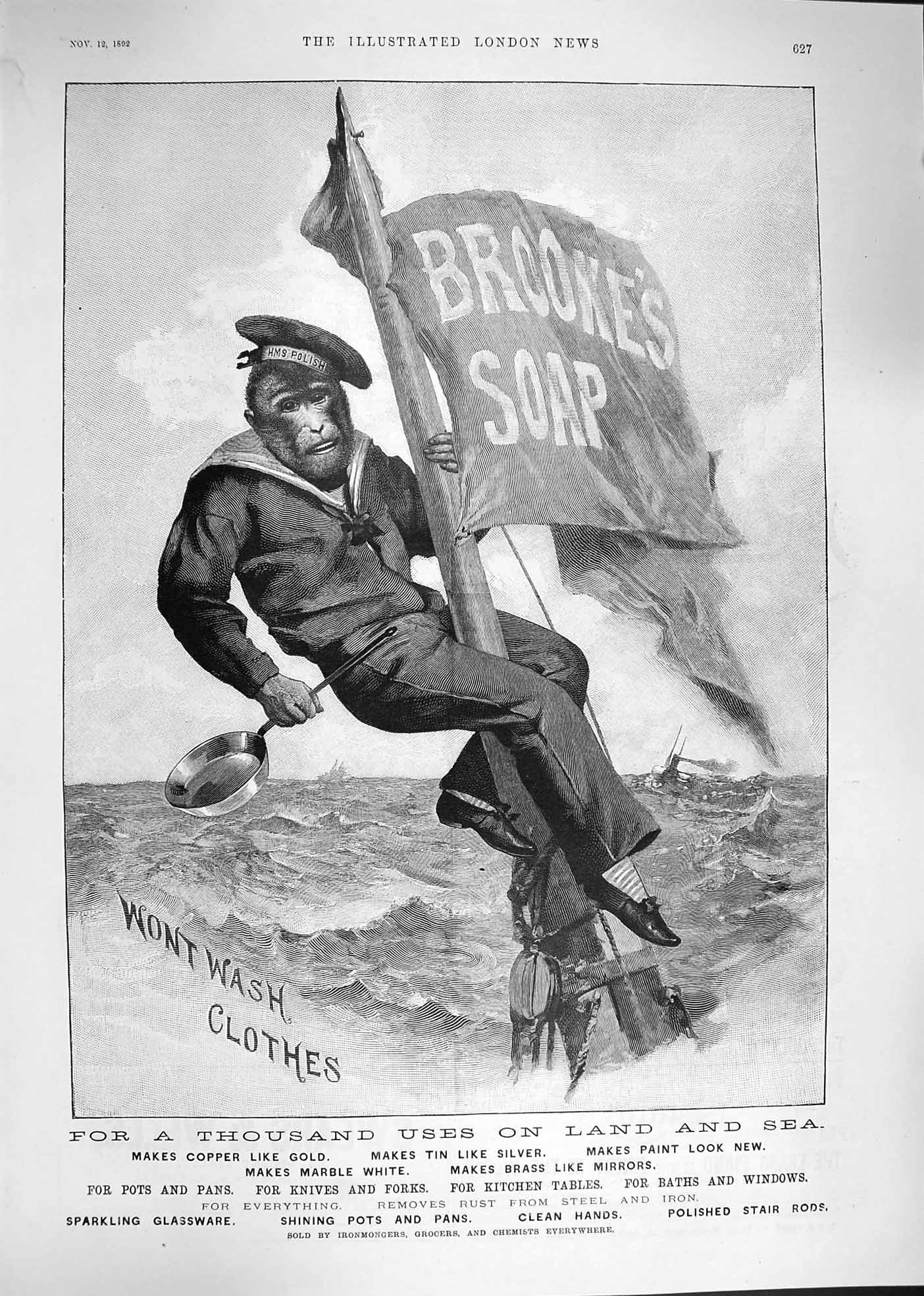 Original Old Antique Print 1892 Advertisement Brookes Monkey Brand Soap Washing