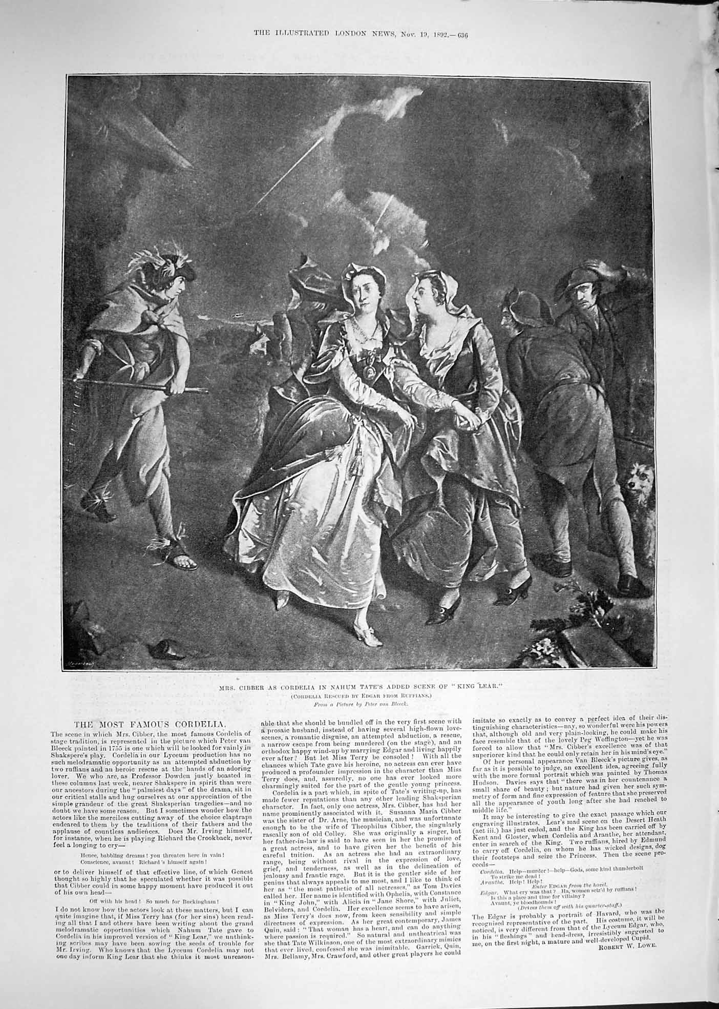 Original Old Antique Print 1892 Cibber Cordelia Nahum Tate King Lear Theatr 19th