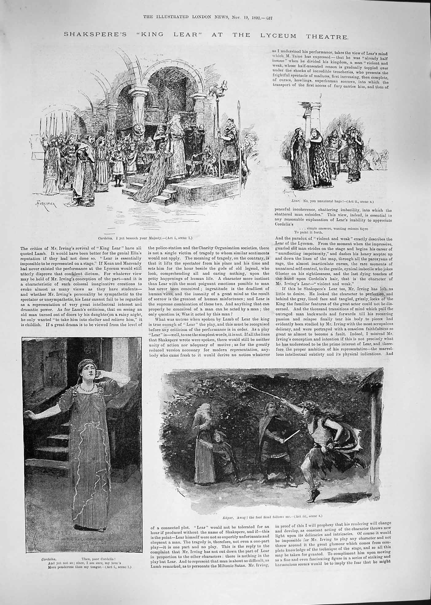 Old Antique Print 1892 Shakspeare King Lear Lyceum Theatre Cordelia Edgar 19th
