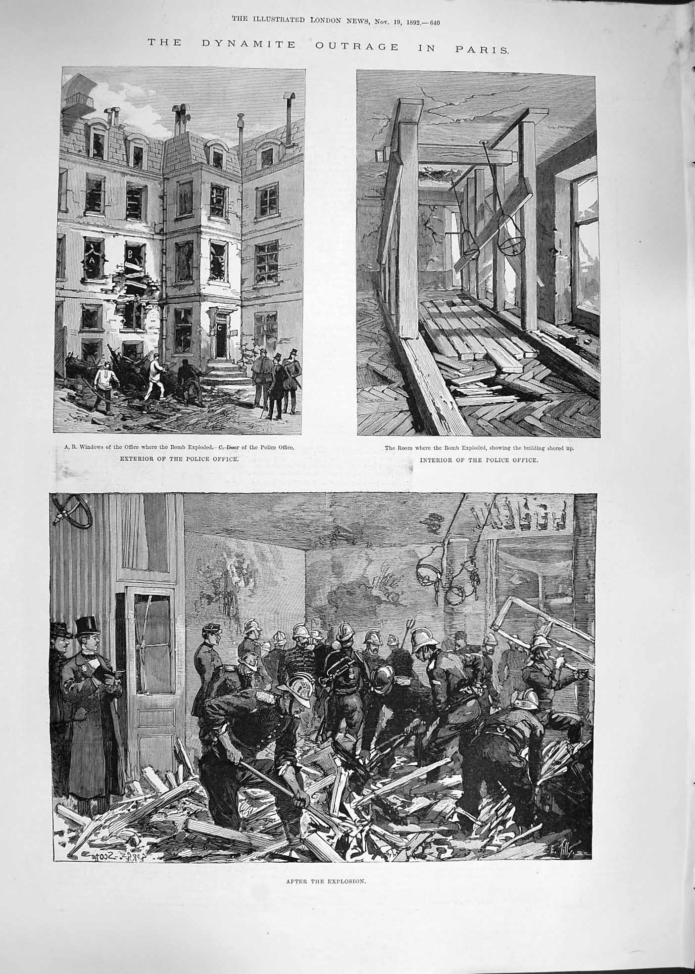 Original Old Antique Print 1892 Dynamite Outrage Paris Police Office Explosion