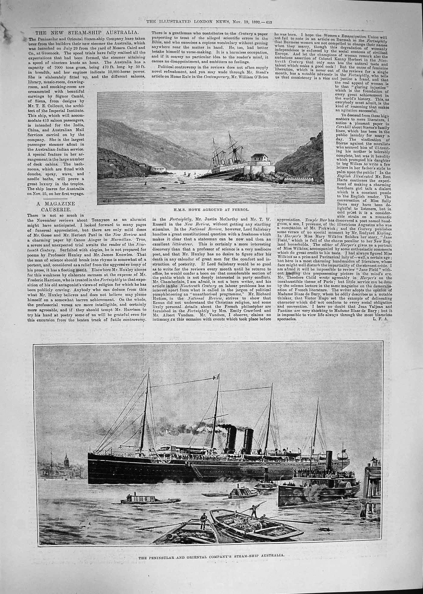 Original Old Antique Print 1892 Ship Howe Ferrol Peninsular Oriental Australia