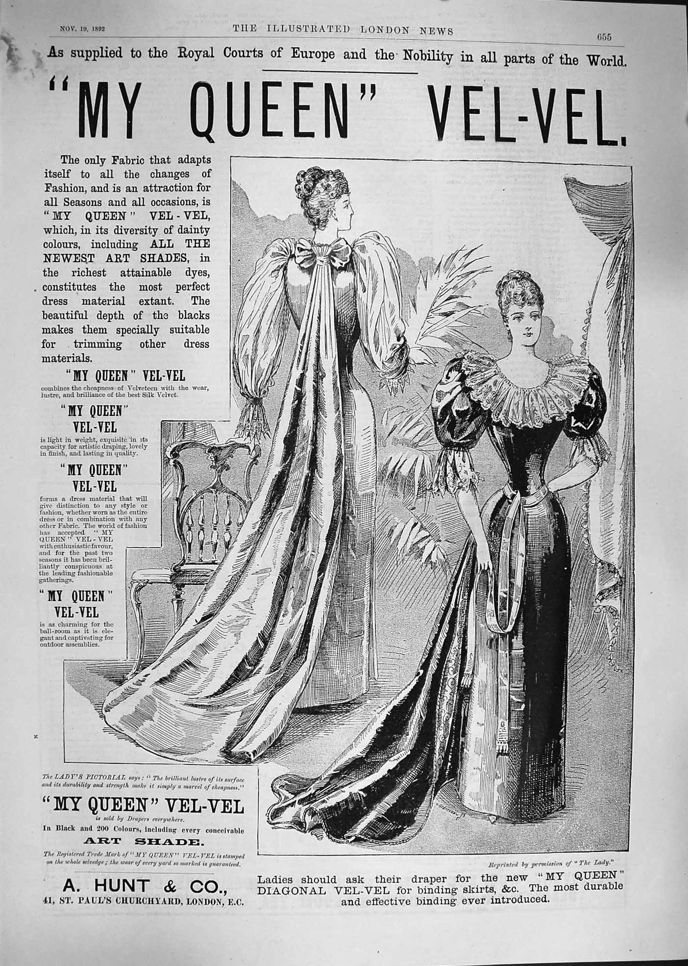 Original Old Antique Print 1892 Advertisement My Queen Diagonal Vel-Vel Binding
