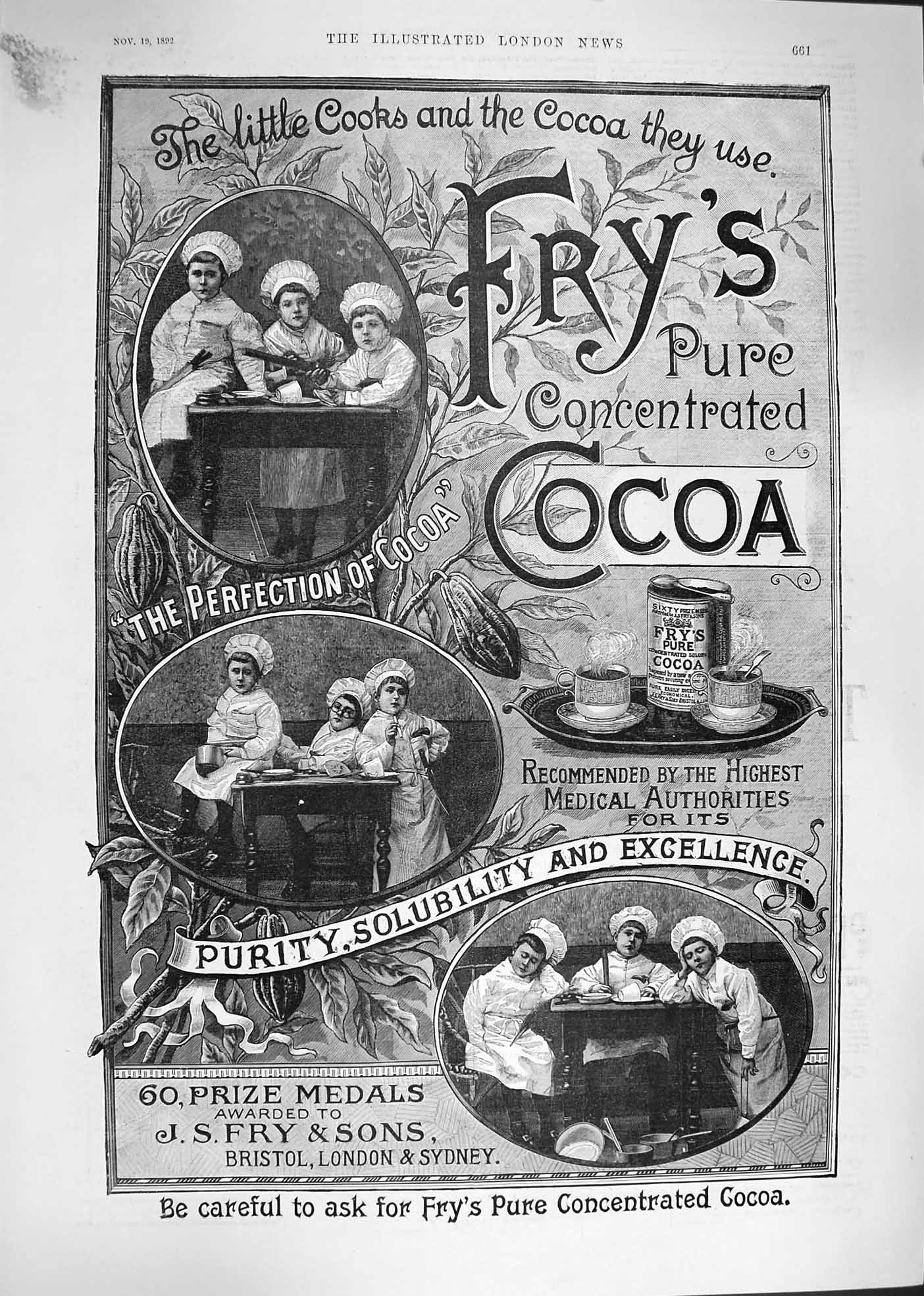 Original Old Antique Print 1892 Advertisement Fry'S Pure Concentrated Cocoa 19th
