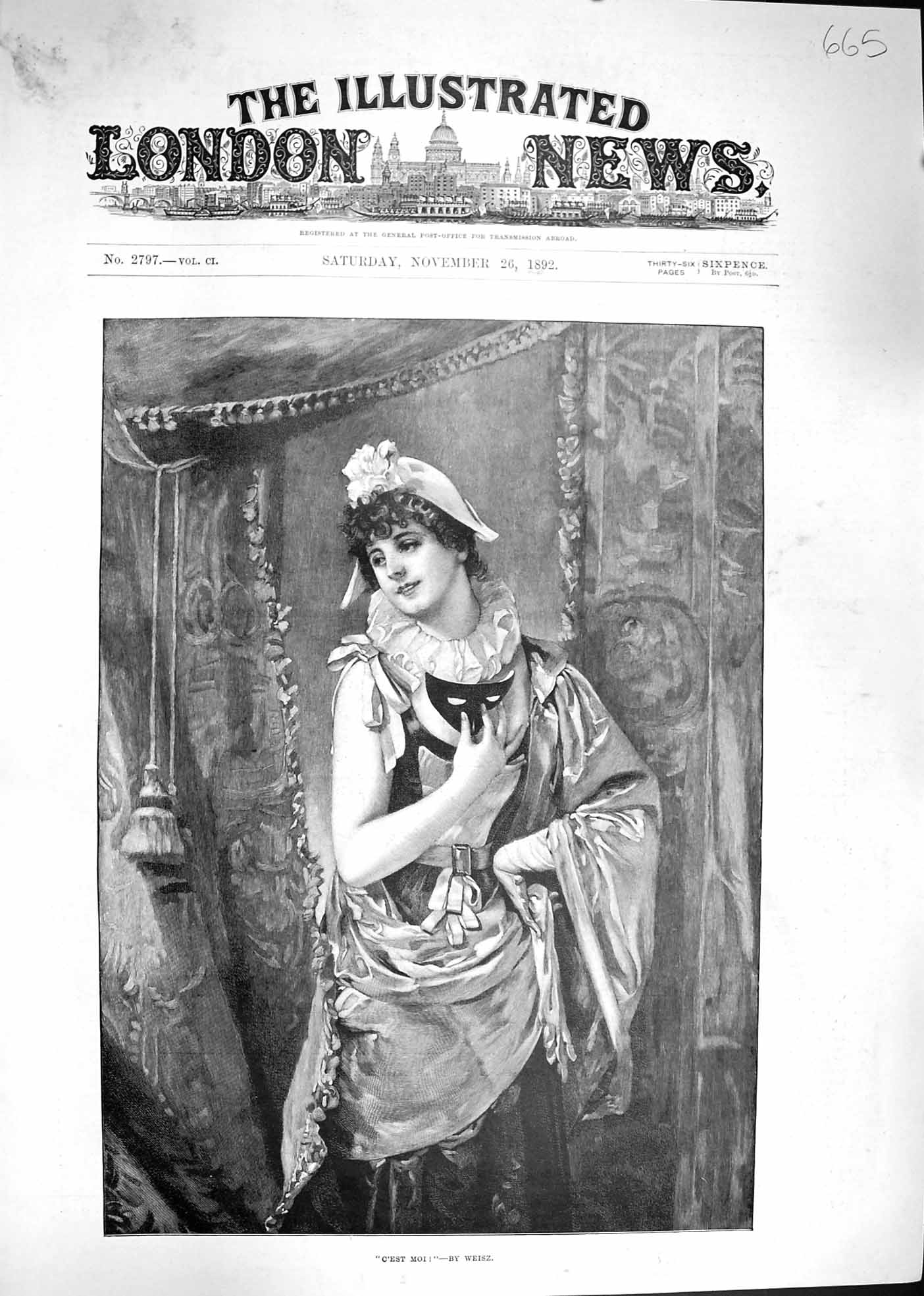 Original Old Antique Print Weisz 1892 Portrait Beautiful Lady C'Est Moi Mask