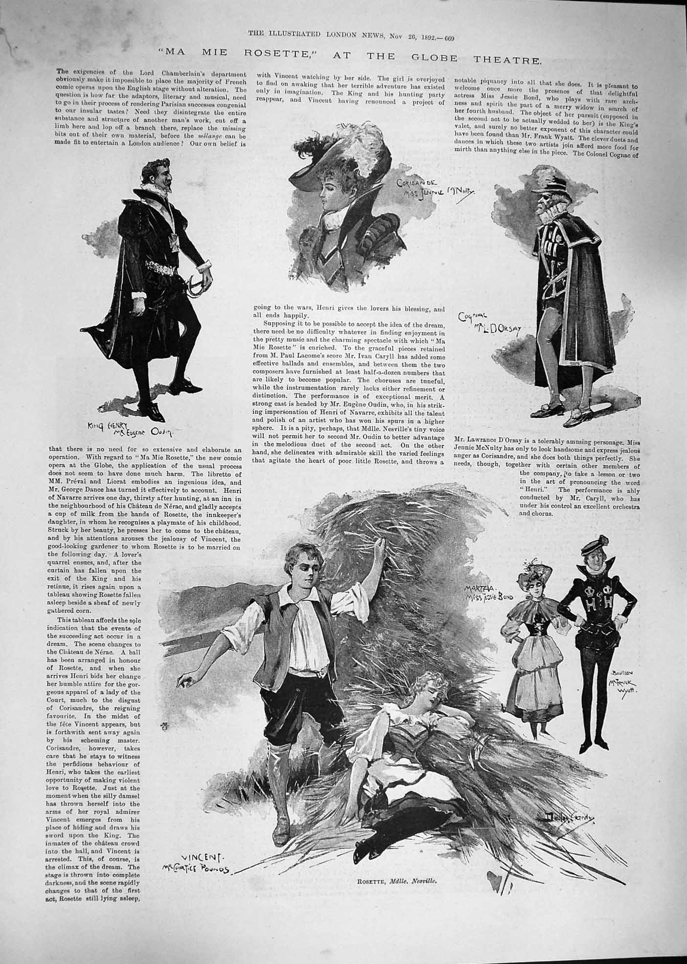 Original Old Antique Print 1892 Rosette Globe Theatre King Henry Orsay Wyatt