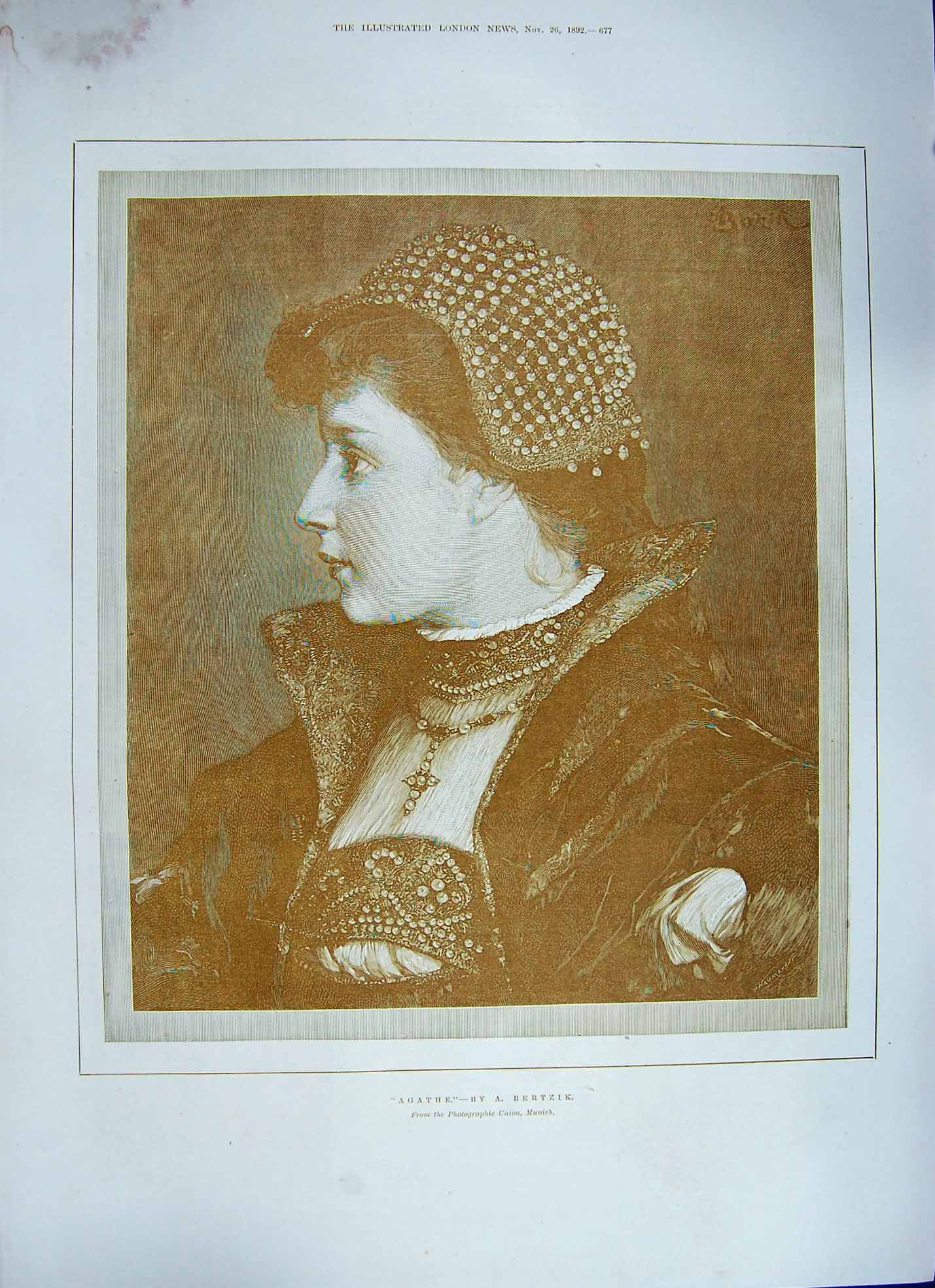 Old Antique Print 1892 Portrait Agathe Fairylane Narcissus Snake Princess 19th