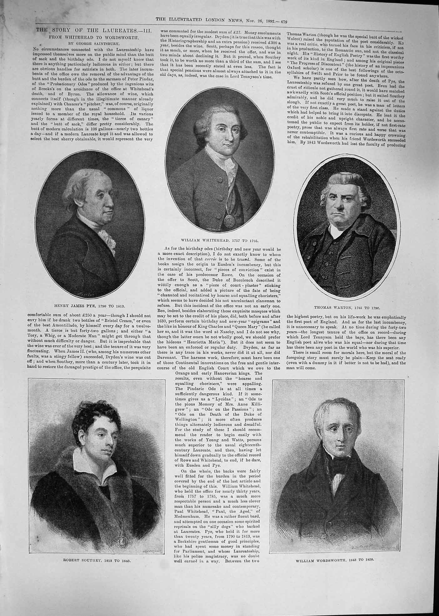 Original Old Antique Print 1892 William Whitehead Pye Warton Southey Wordsworth