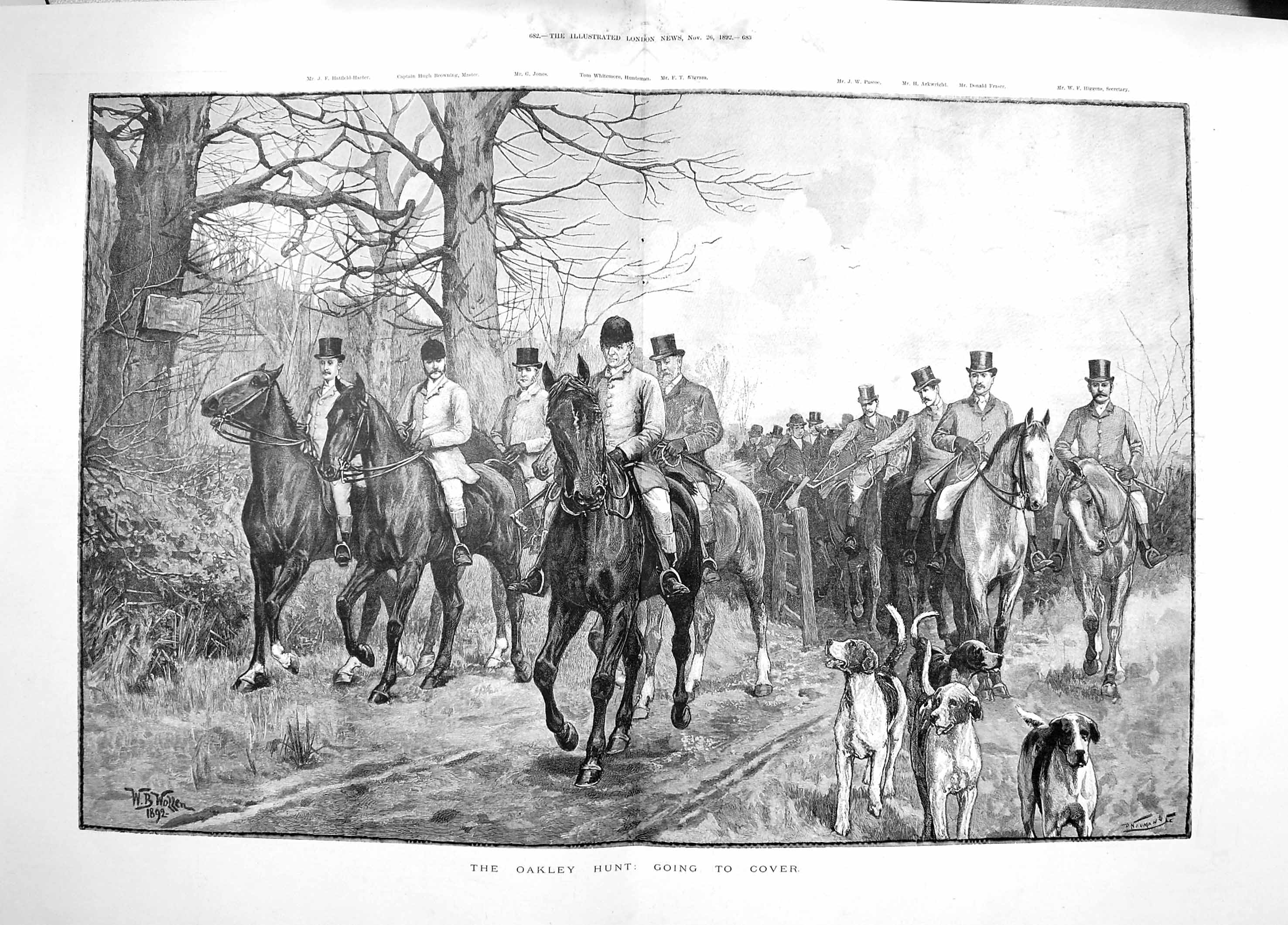 Original Old Antique Print 1892 Oakley Hunt Hatfield-Harter Jones Browning 19th