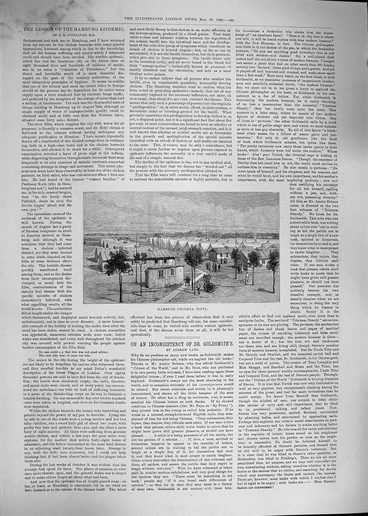 Original Old Antique Print 1892 View Hamburg Cholera Tents Camp Germany 19th