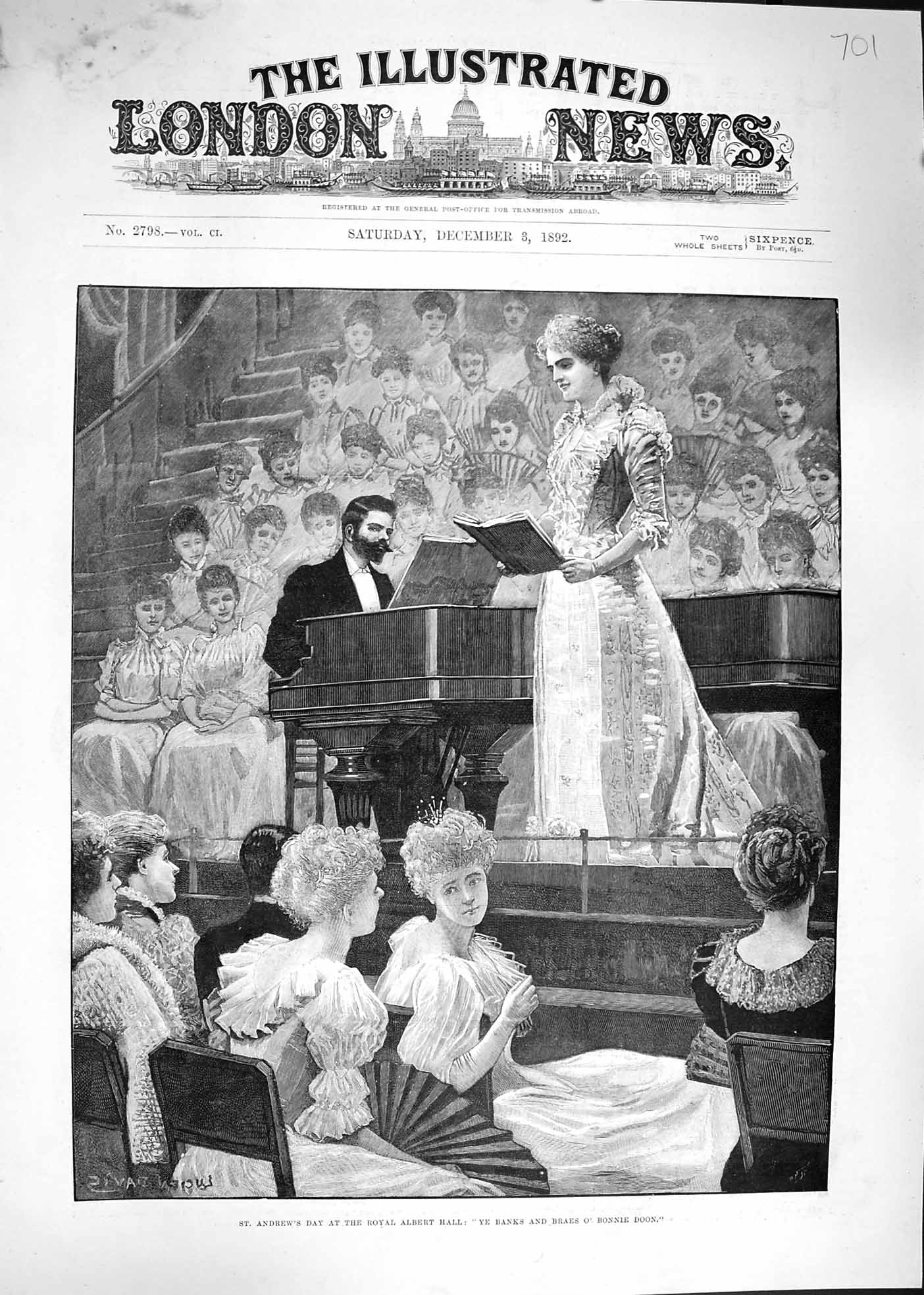 Old Antique Print 1892 St. Andrew'S Day Royal Albert Hall Singing Bonnie 19th