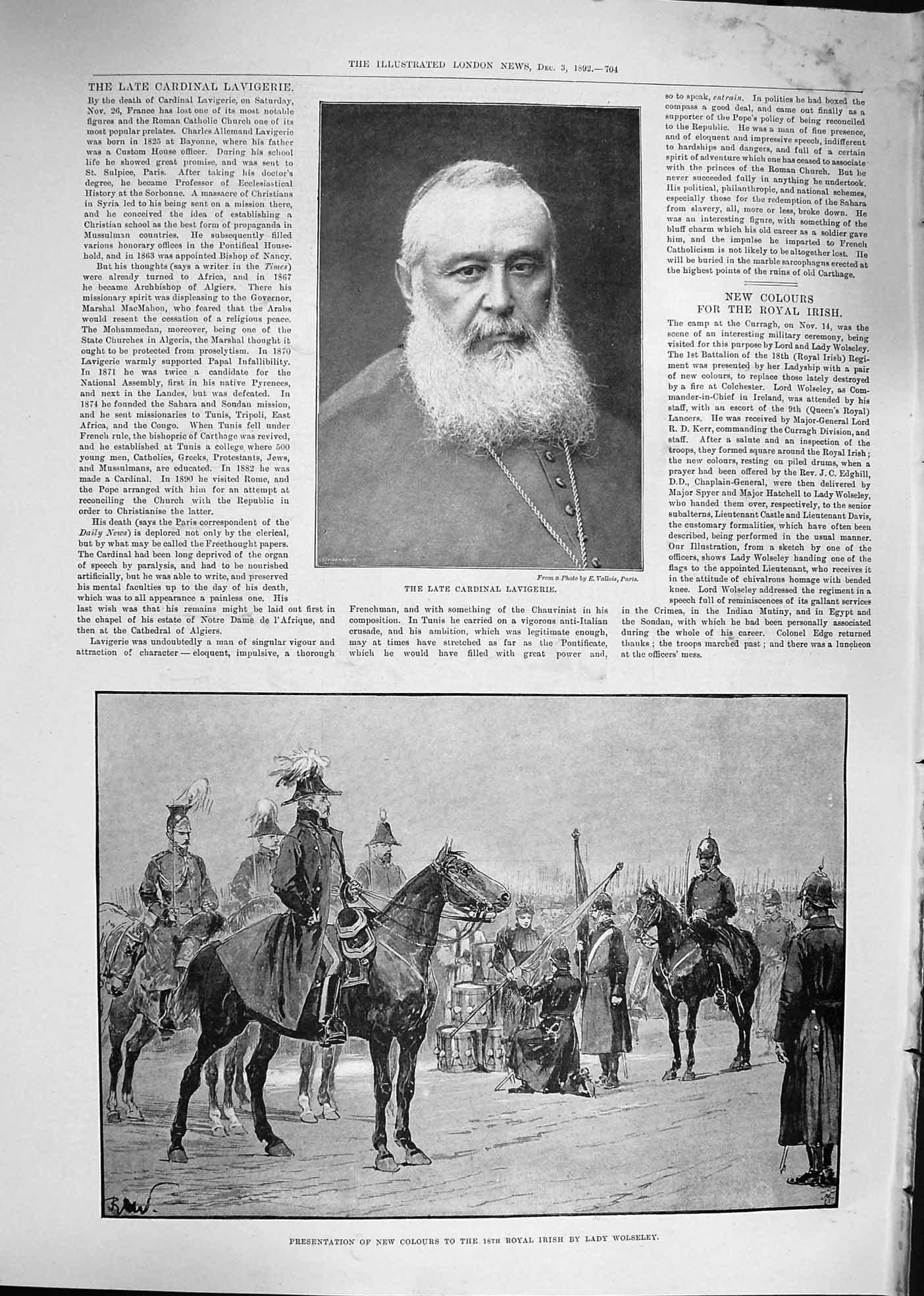 Original Old Antique Print 1892 Cardinal Lavigerie Lady Wolseley John Thompson