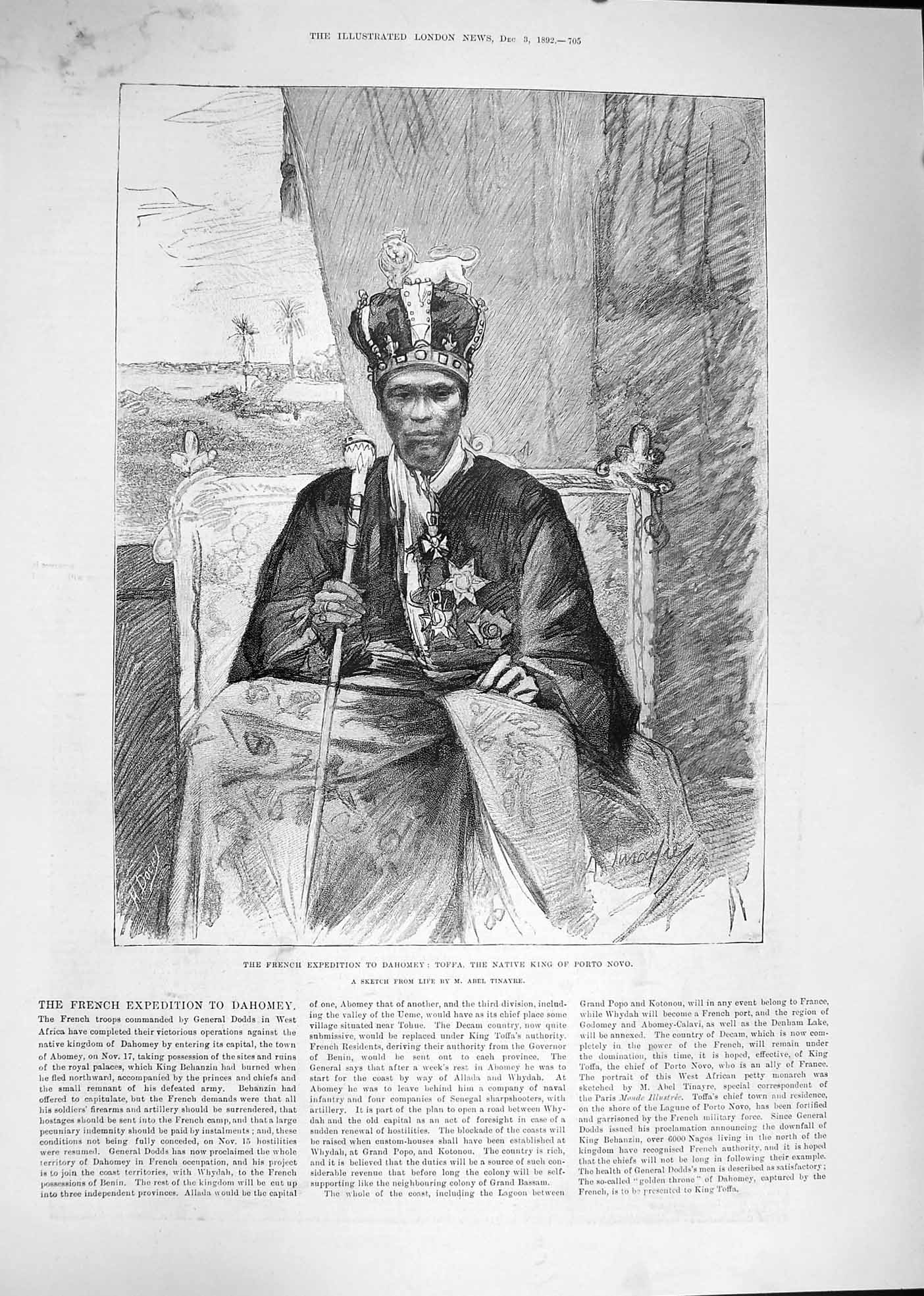 Old Antique Print 1892 Toffa King Porto Novo Catling Irving Police Grace 19th