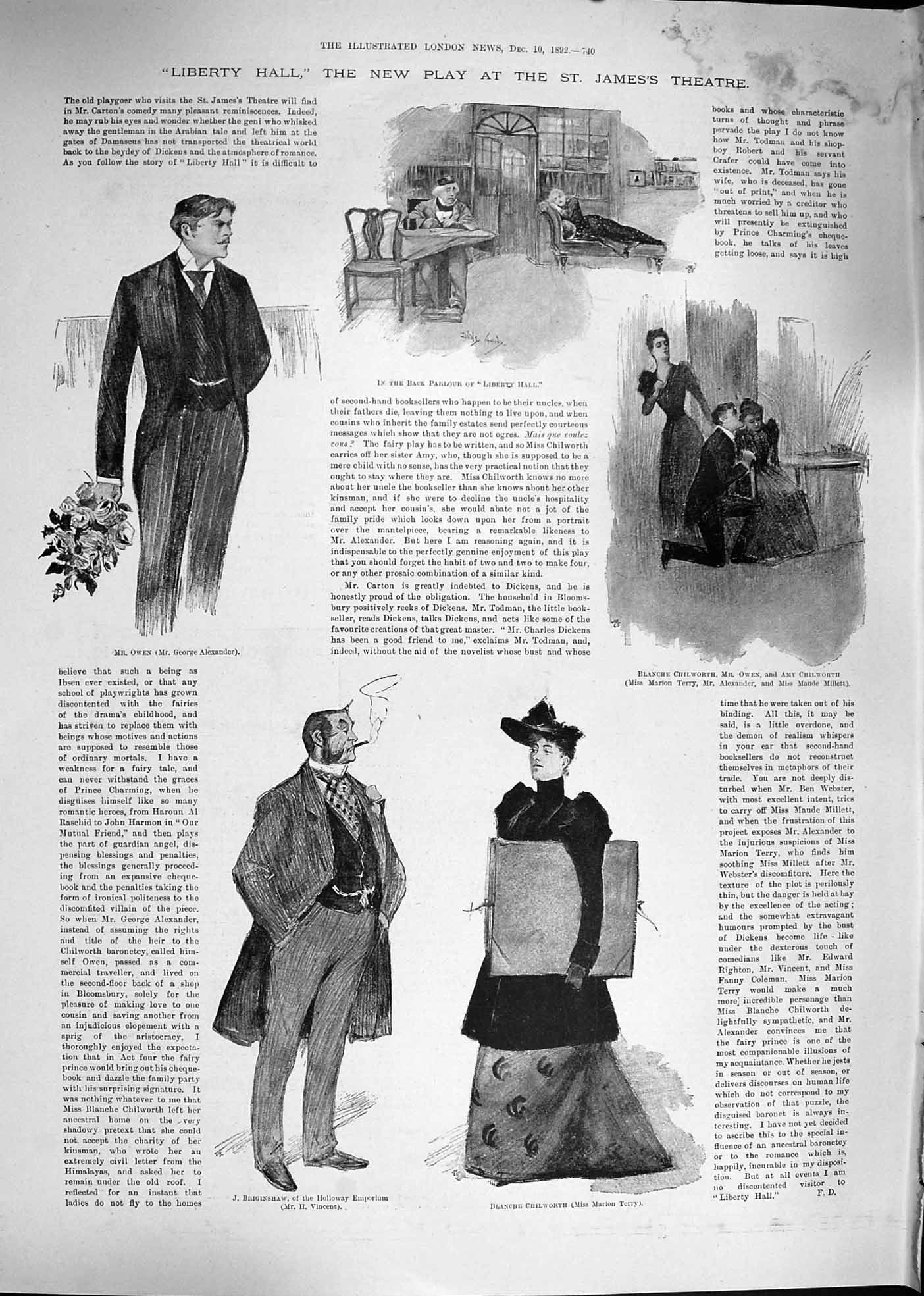 Original Old Antique Print 1892 Liberty Hall Play James Theatre Owen Briginshaw