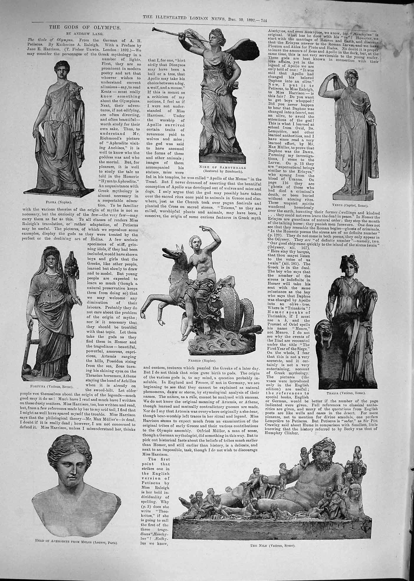 Original Old Antique Print 1892 Gods Olympus Flora Nereid Aphrodite Nile Thalia