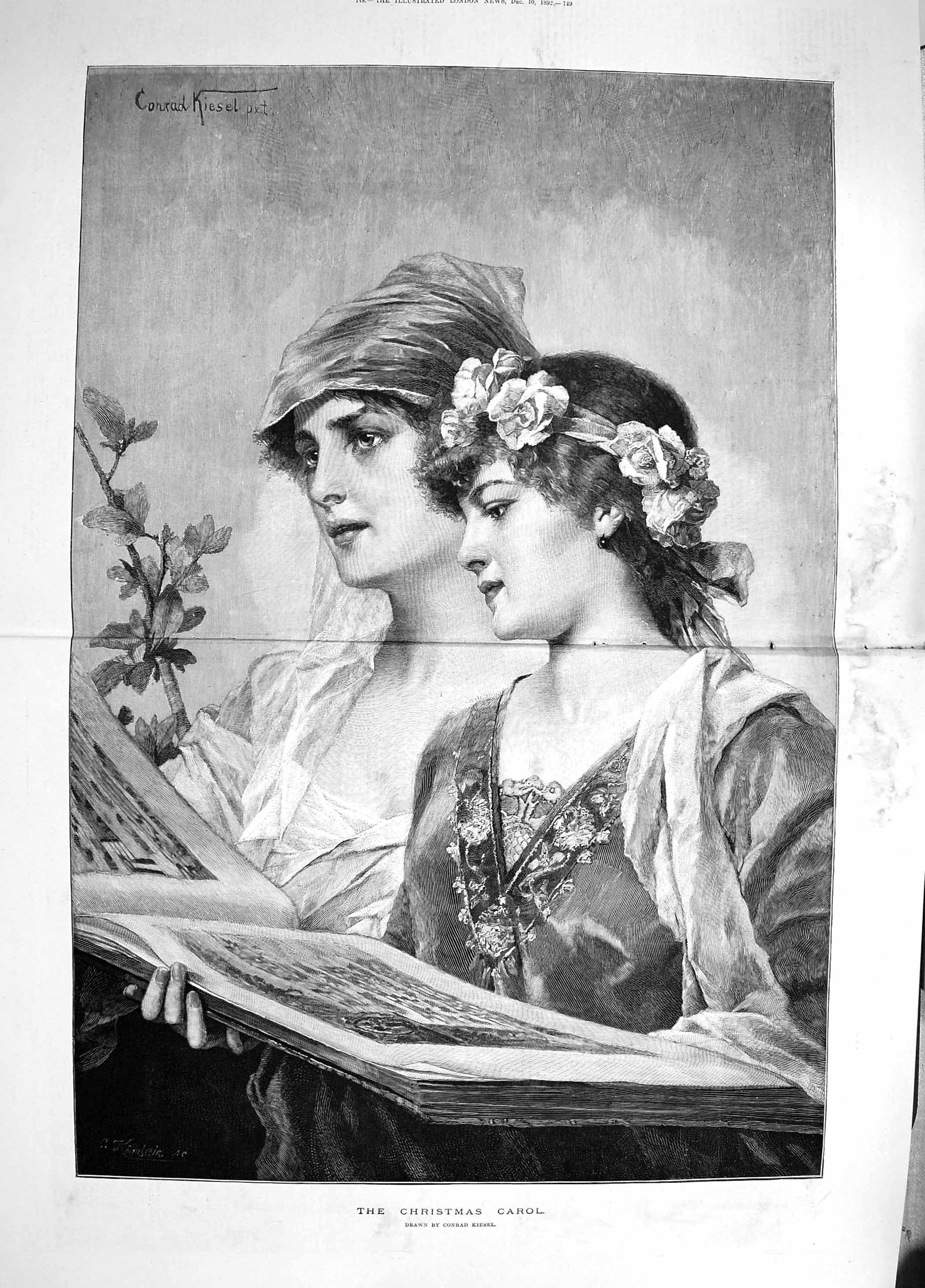 Original Old Antique Print 1892 Christmas Carol Beautiful Girls Singing 19th