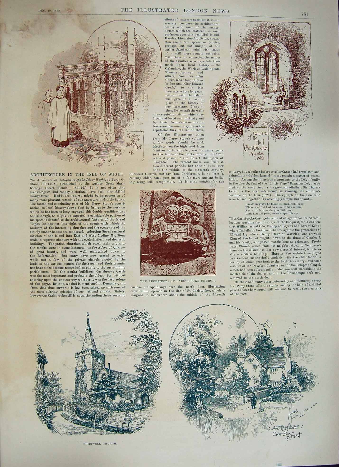Old Antique Print 1892 Isle Wight Shorwell Church Carisbrooke Moltrestone 19th