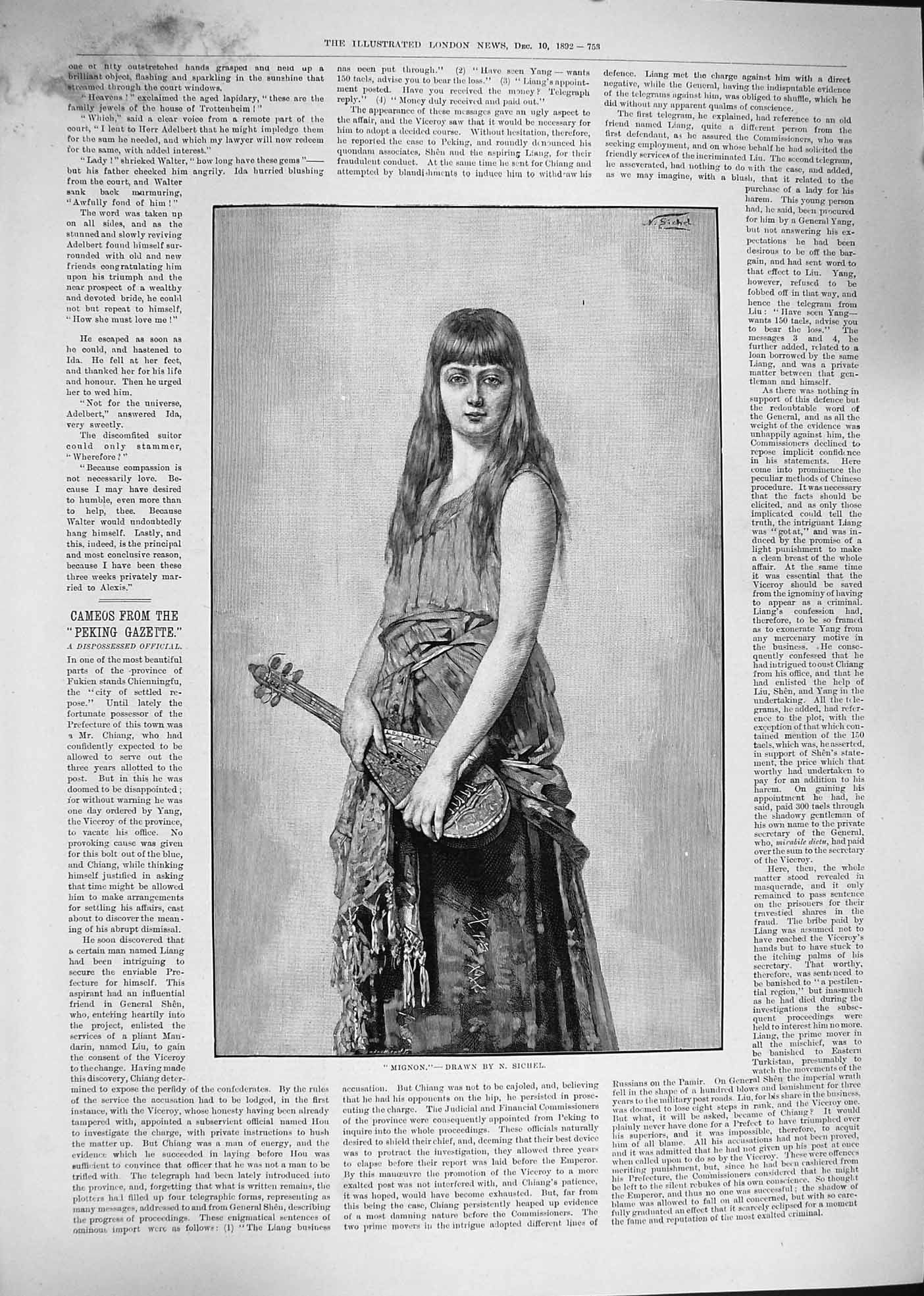 Original Old Antique Print Sichel 1892 Portrait Beautiful Girl Mignon Music