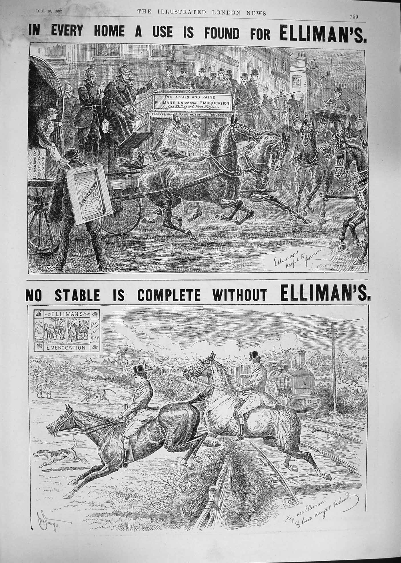 Old Antique Print 1892 Advertisement Elliman'S Embrocation Horse Jumping 19th